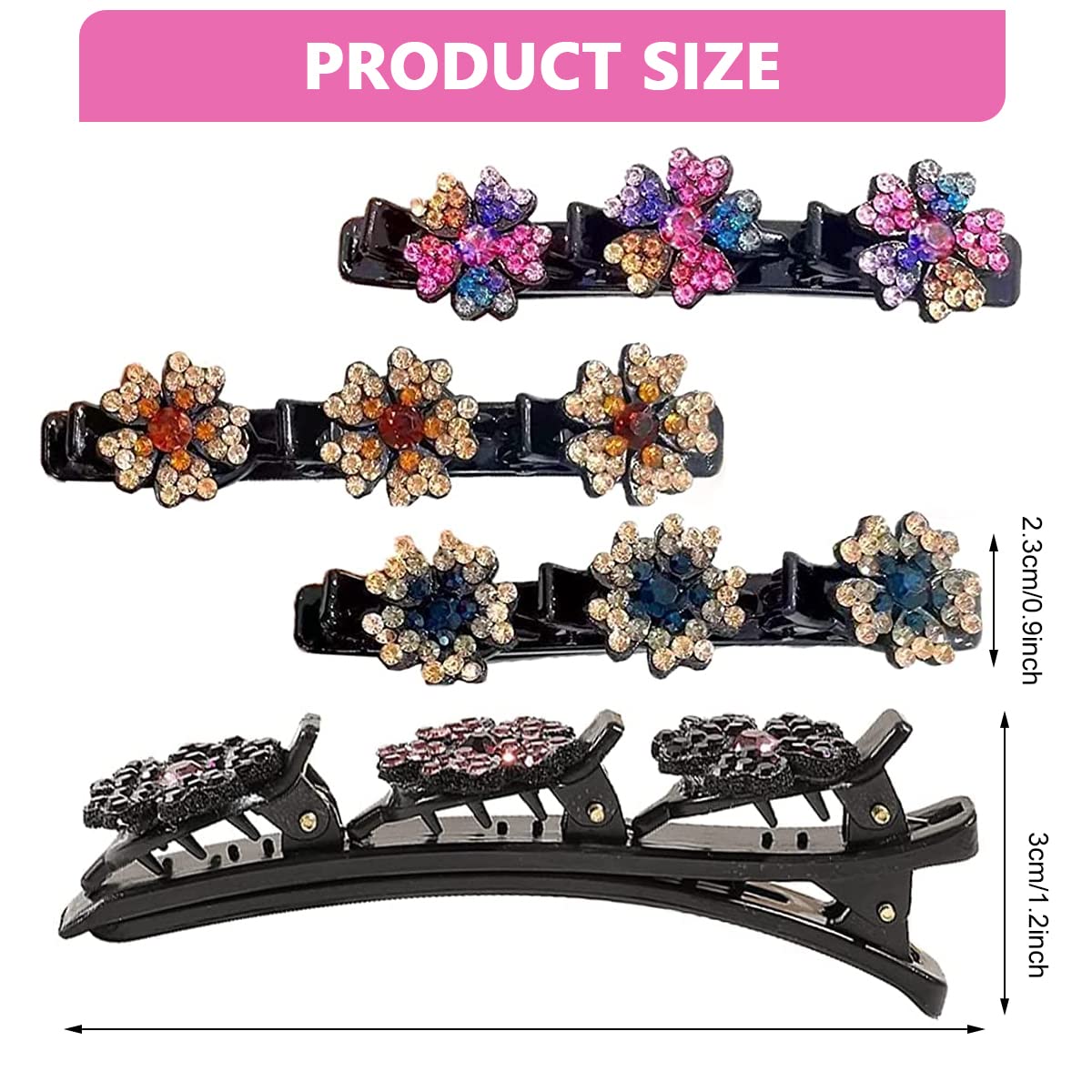 PALAY 4Pcs Sparkling Braided Hair Clips for Girls - Crystal Stone Hair Accessories, Fashion Hairpins for Thick Hair Styling - Perfect for School, Parties, Weddings and Daily Use