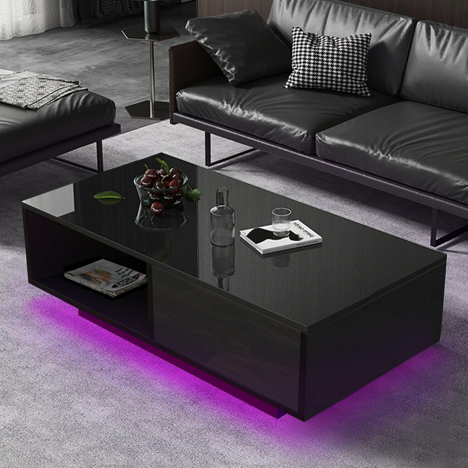 COSVALVE Modern LED Coffee Table with Drawer & 16-Color RGB Lighting - High Gloss Black Rectangle Sofa Table with Storage Space - Battery Powered (AA) for Living Room, Bedroom & Home Decor