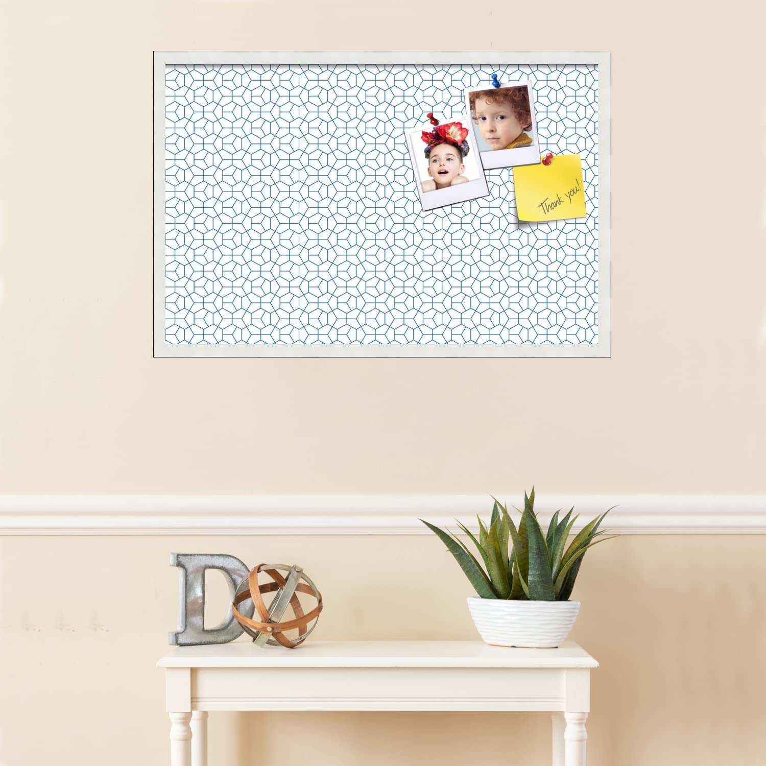 PinPix 34x22 Inch Cork Bulletin Board with Modern Hex Navy Design & Satin White Frame - Wall Mounted Memo Board for Home Office Decor, School Classroom, Dorm Room Organization & Message Display (PinPix-1637)