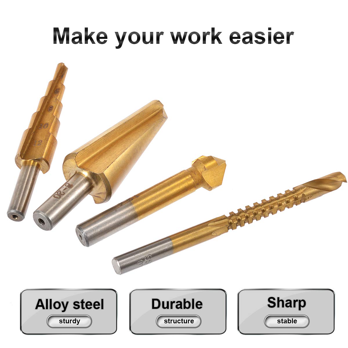 KATUR 4Pcs HSS Titanium Coated Drill Bit Set - 6mm Saw Twist, 4-12mm Step, 8-20mm Umbrella, 12.4mm Chamfering End Mill Cutter (Round Shank) for Metal, Wood, Plastic Drilling | DIY Projects & Professional Use