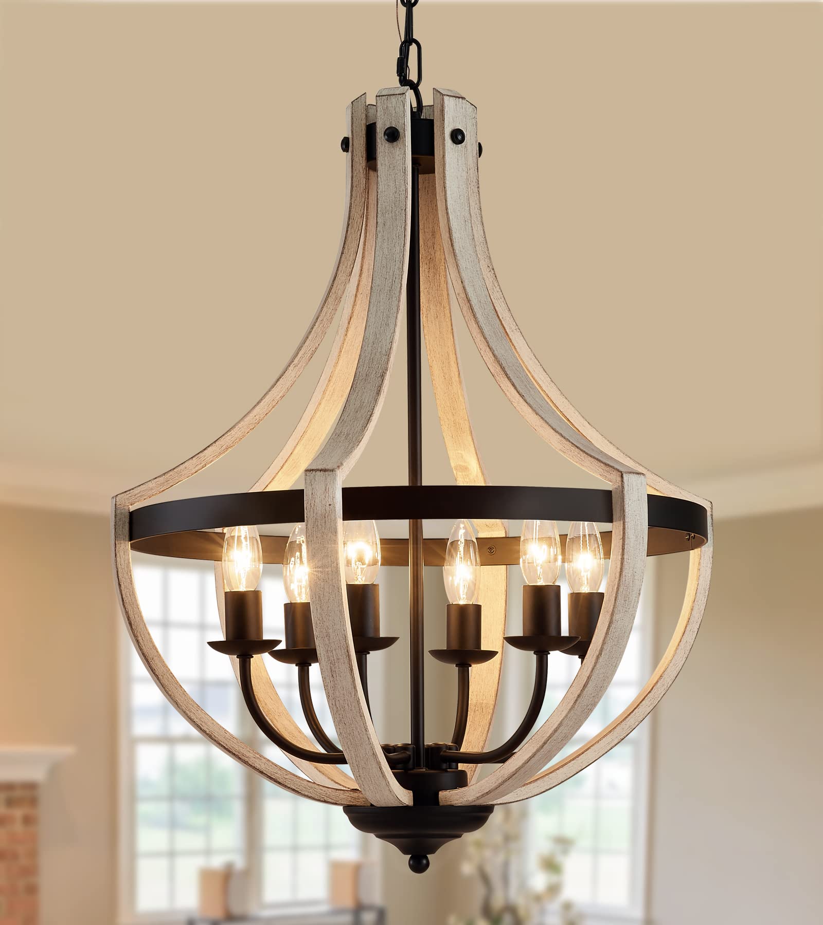 MEIXISUE Farmhouse 6-Light White Birch & Black Antique Metal Chandelier - Rustic Pendant Lighting Fixture for Hallway, Foyer, Living Room, Dining Room & Kitchen - UL Listed - Perfect for Country Style Homes & Cabin Decor