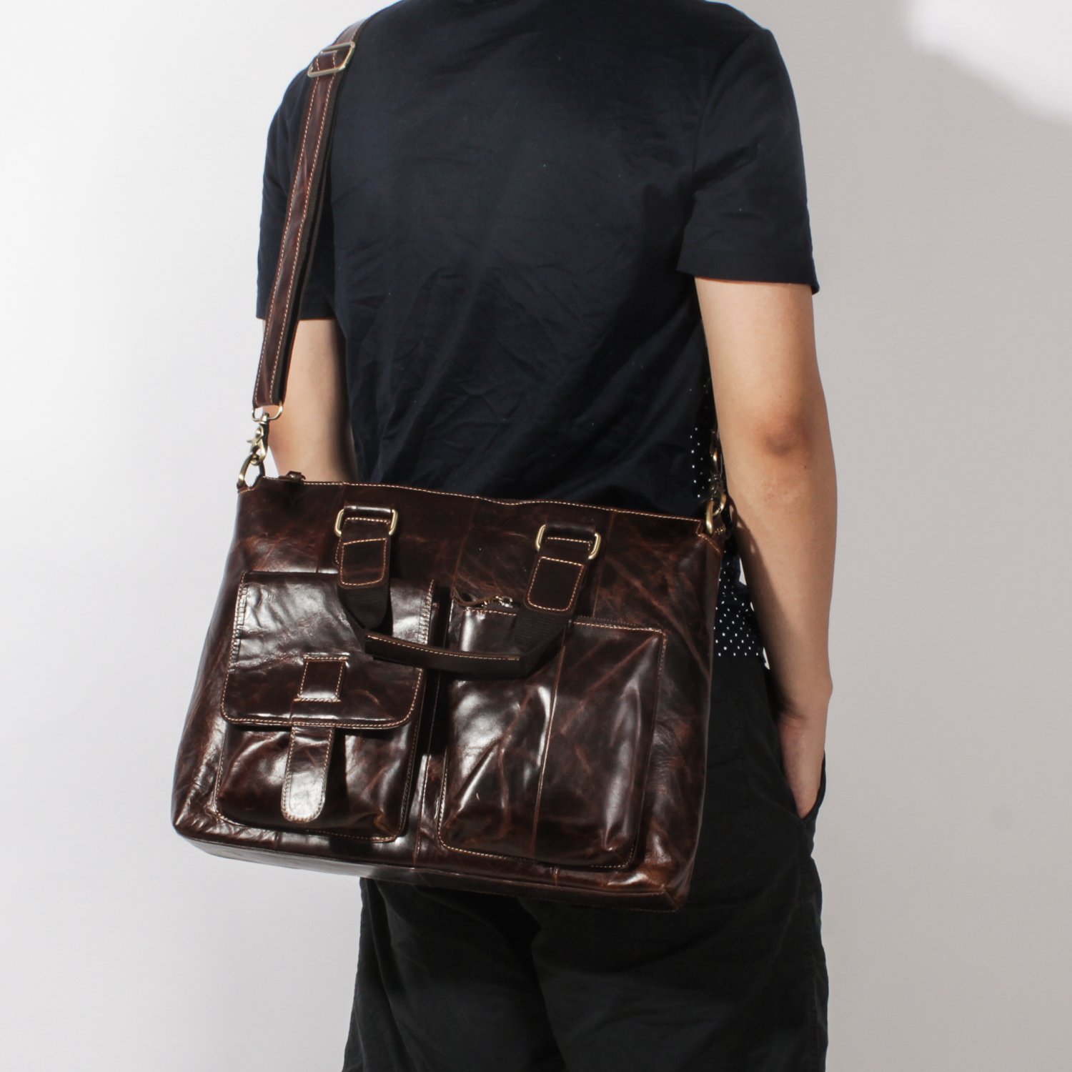 Le'aokuu Genuine Leather Cowhide Briefcase - 15.6 Inch Laptop Messenger Bag for Men (Coffee Brown) - Professional Business Attache Case for Work, Office & Travel