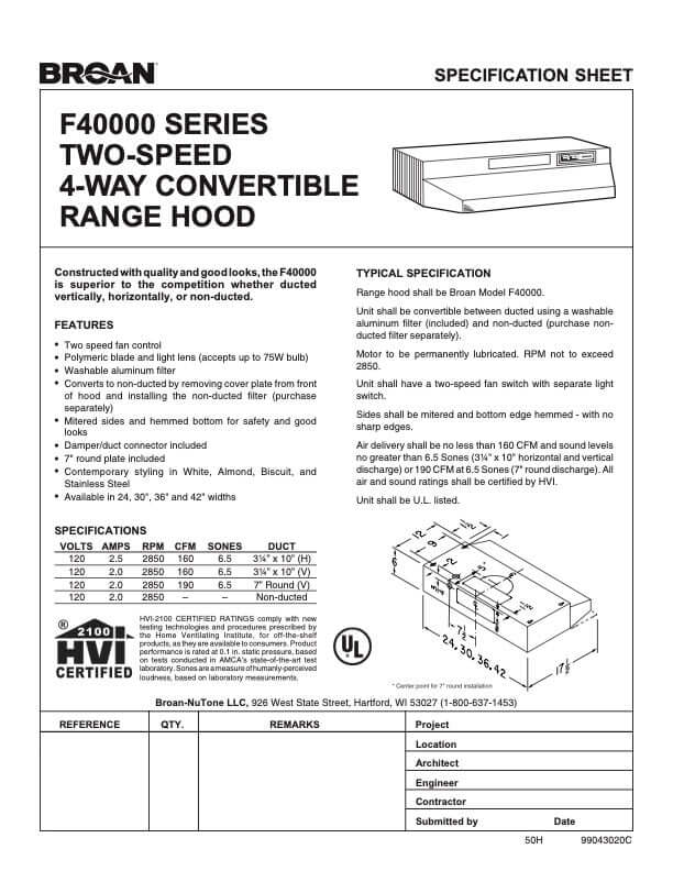 Broan F40000 Series 36-Inch Two-Speed 4-Way Convertible Under Cabinet Range Hood in Stainless Steel (F403604) - Perfect for Kitchen Ventilation and Smoke Removal