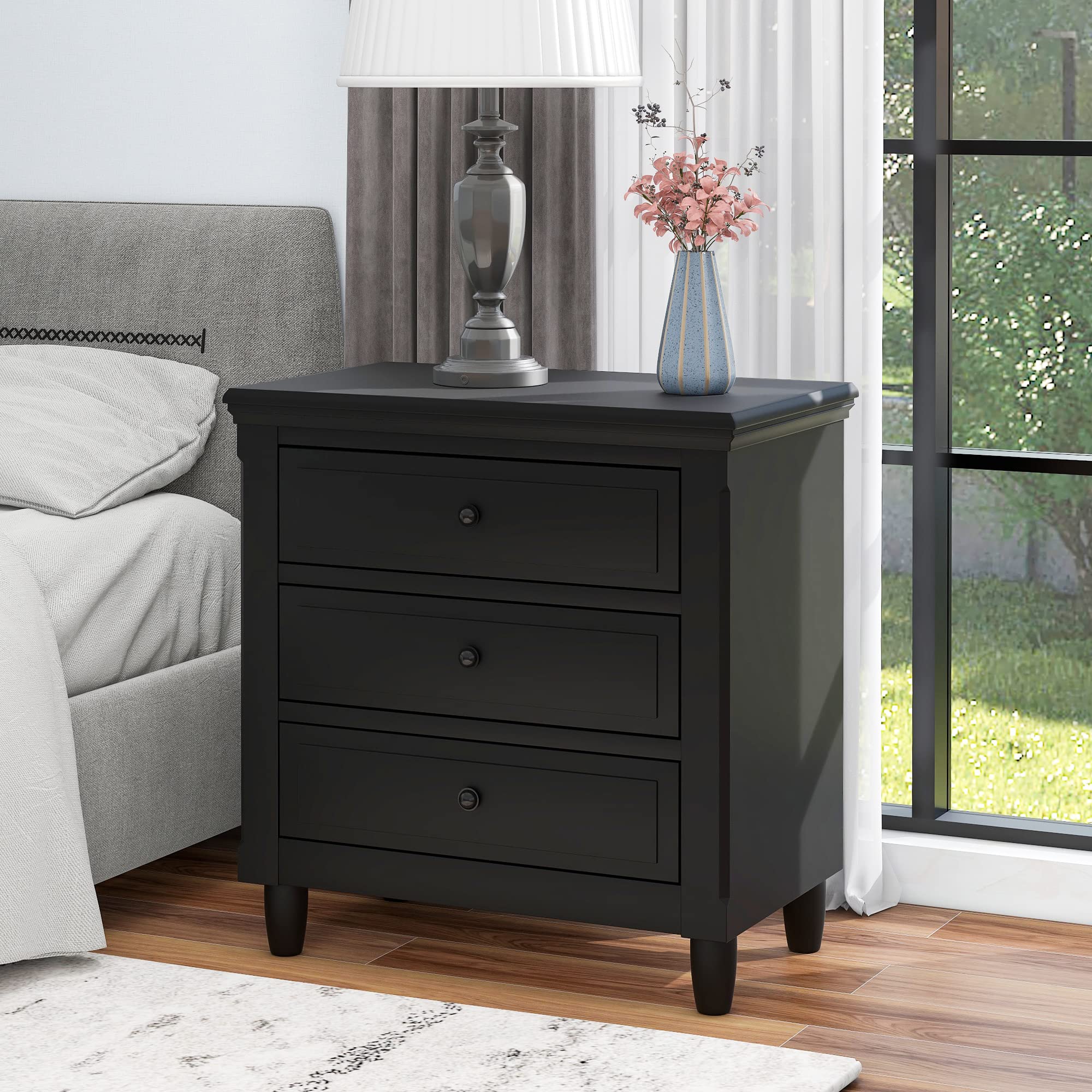 SOFTSEA Black Wood Nightstand with 3 Drawers - Small Dresser for Bedroom, Bedside Table, End Table with Storage - Perfect for Bedrooms, Living Rooms, and Small Spaces