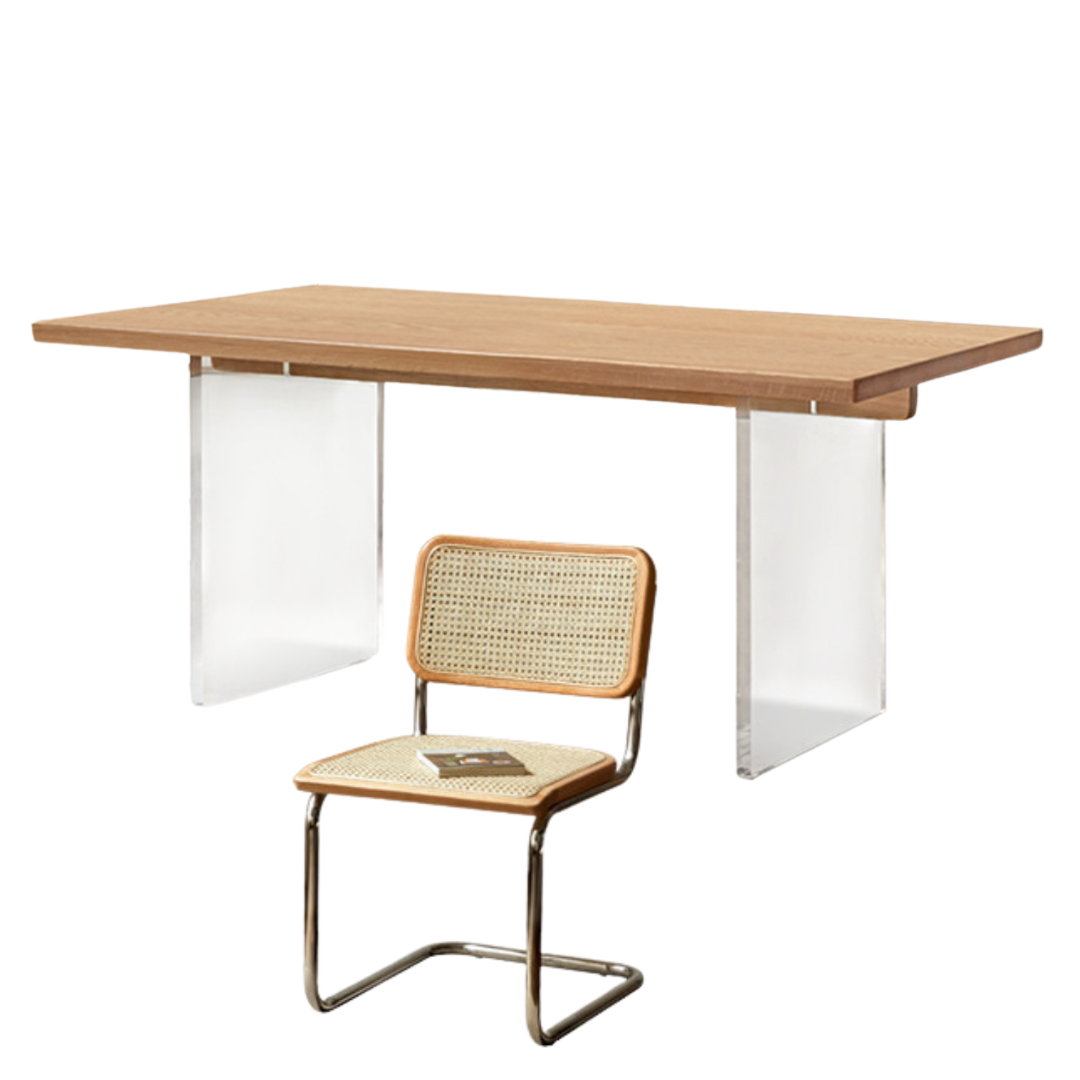 62.9x33.4x29.5 inch / 160x85x75 cm / Natural Wood Color / Oak  Suspended dining table + four chairs