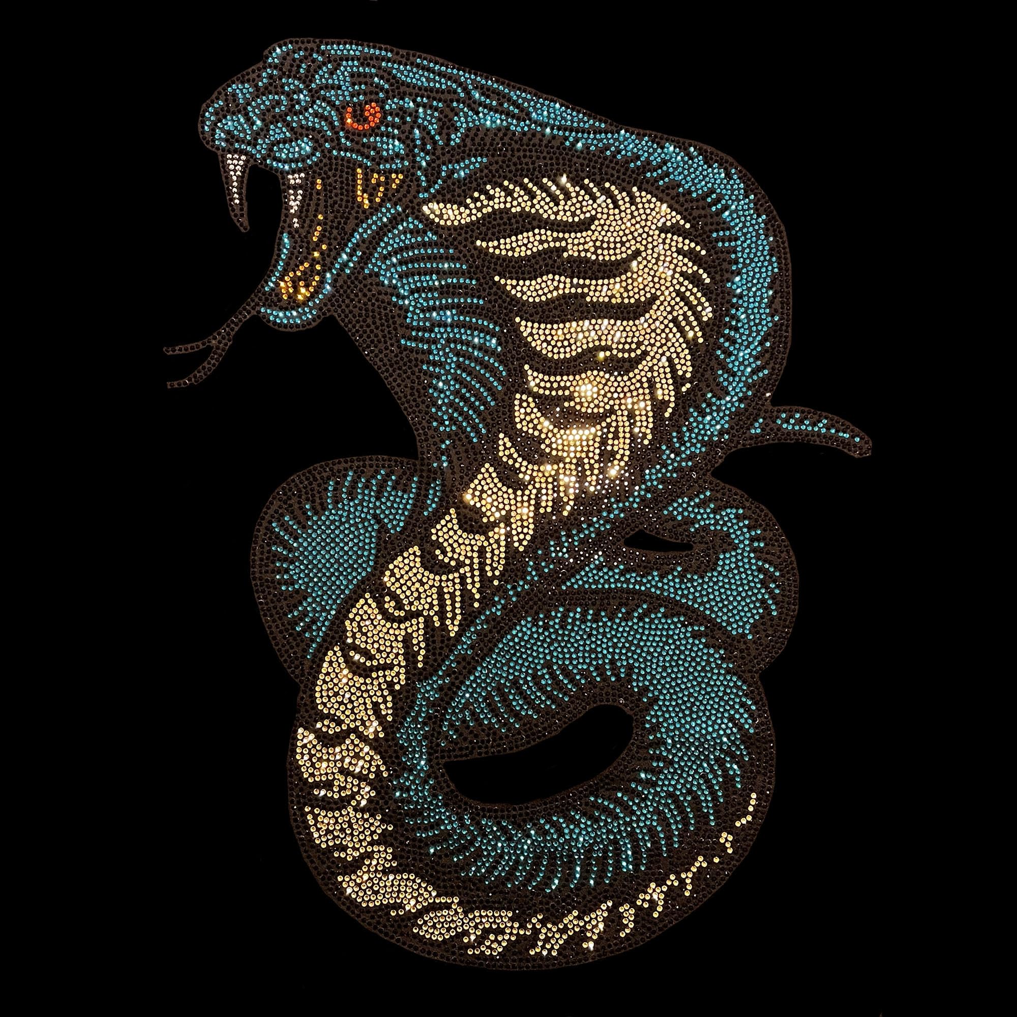 Big Snake Iron-on Rhinestones Heat Transfer Patch - Cobra Applique with Hot Fix Crystals in Yellow, Turquoise & Black - Perfect for Jackets, Jeans & Bags DIY Embellishment