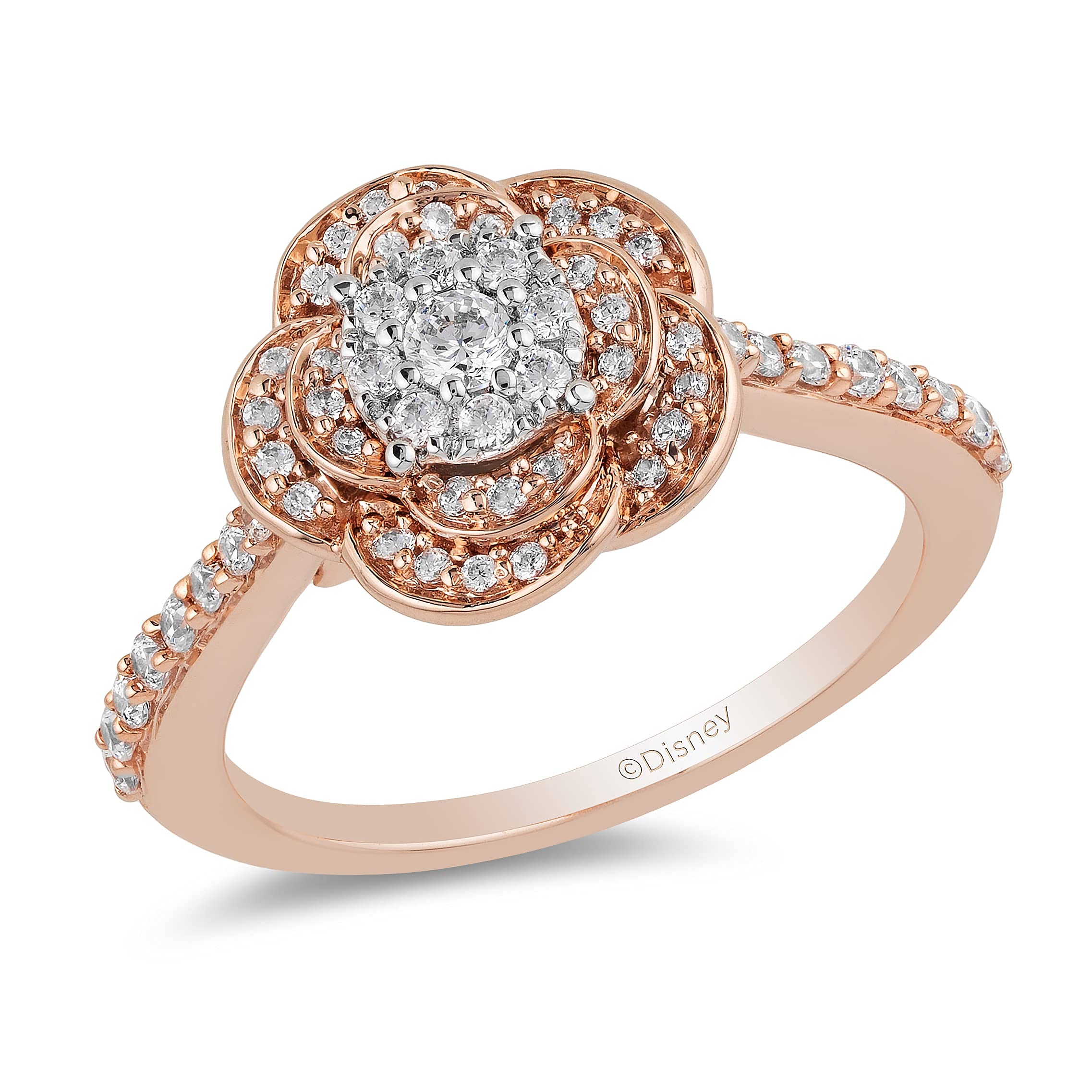 Enchanted Disney 10k Rose Gold 1/2 Carat Diamond Belle Rose Bridal Ring - Elegant Wedding Band for Disney Princess Fans, Perfect for Engagement, Anniversary & Special Occasions