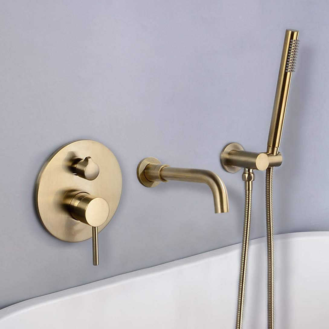 Luxury Brushed Gold Wall Mounted Bathtub Faucet Set - Solid Brass Shower Mixer Tap with Hand Shower for Bathroom & Spa - Perfect for Modern Home Renovation & Relaxing Bath Experience