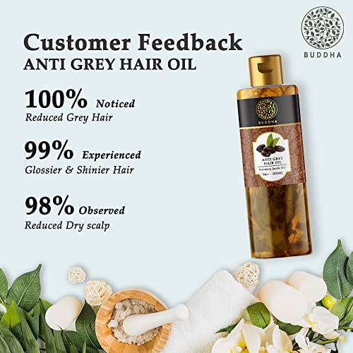 Buddha Natural Hair Oil for Early Greying & Hair Growth with Neem Comb - Ayurvedic Treatment for Premature Gray Hair & Scalp Care - Includes Ergonomic Handle Neem Wood Comb for Daily Hair Care Routine