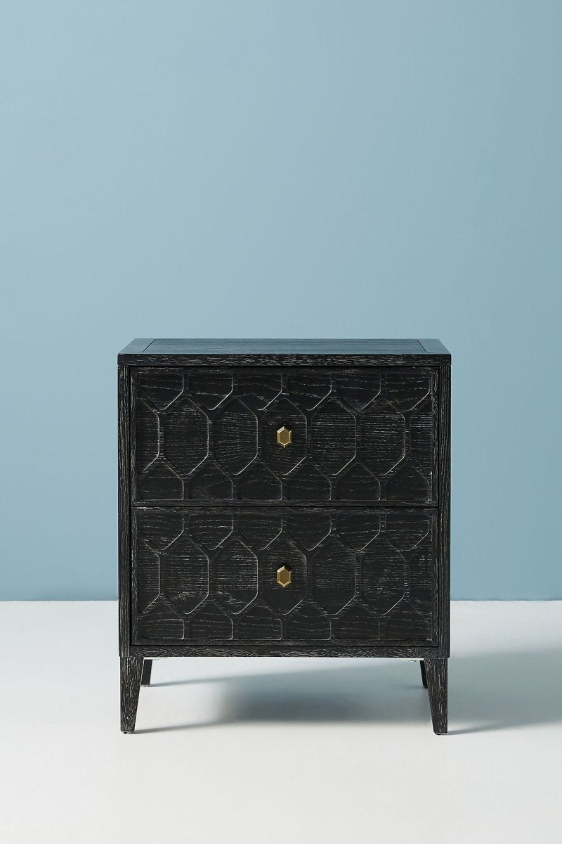 Hand Carved Textured Wooden Nightstand with 2 Drawers - Black Bedside Table for Bedroom | Modern Bedroom Furniture, Small Space Storage Solution