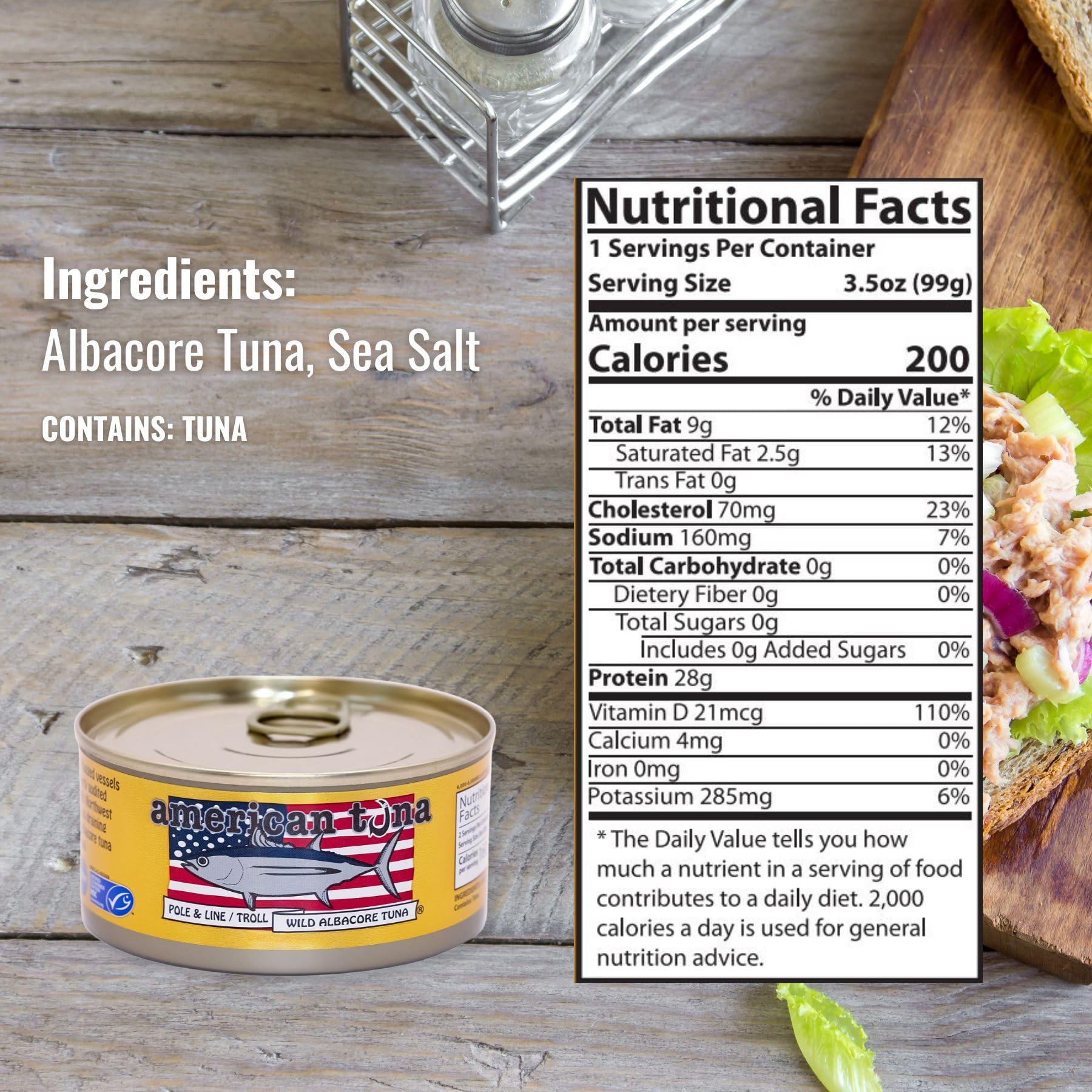 Premium Wild Albacore Tuna - MSC Certified, Sustainably Pole & Line Caught, Sea Salt Added | 3.5 oz Cans (Pack of 12) | High Protein, Omega-3 Rich Canned Fish for Salads, Sandwiches & Healthy Meals | American Tuna Brand