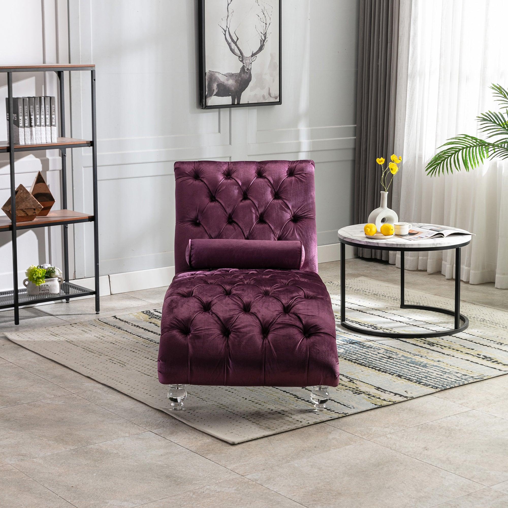 Luxury Velvet Chaise Lounge Chair - Button Tufted Upholstered Sofa with Pillow for Bedroom, Living Room & Office - Elegant Purple Velvet Chaise - Perfect for Relaxing, Reading & Home Decor