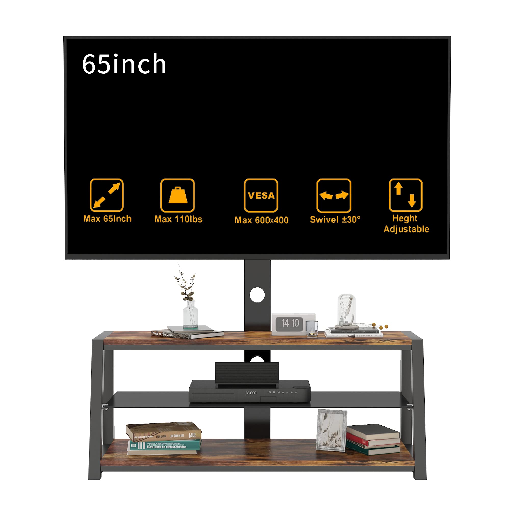 Height Adjustable Universal TV Stand for 50-65 Inch TVs - Swivel Metal Frame Entertainment Center with Storage, Supports 110 lbs - Wooden TV Console Table for Living Room & Bedroom - Perfect for Home Theater Setup & Small Space Organization