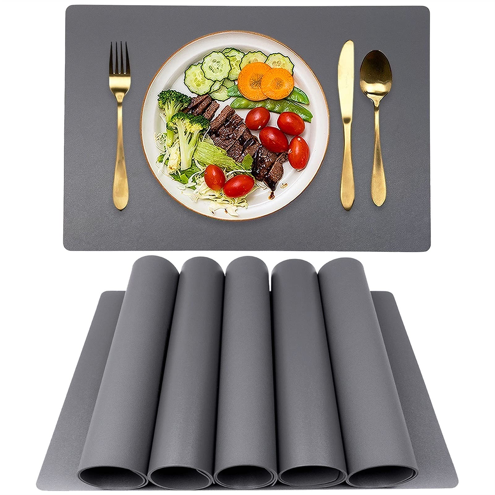 Premium 6-Piece Modern Leather Placemats Set - Waterproof, Non-Slip & Oil-Resistant Table Mats for Kitchen, Dining Room & Patio Decor (Gray) - Perfect for Everyday Meals, Dinner Parties & Outdoor Entertaining