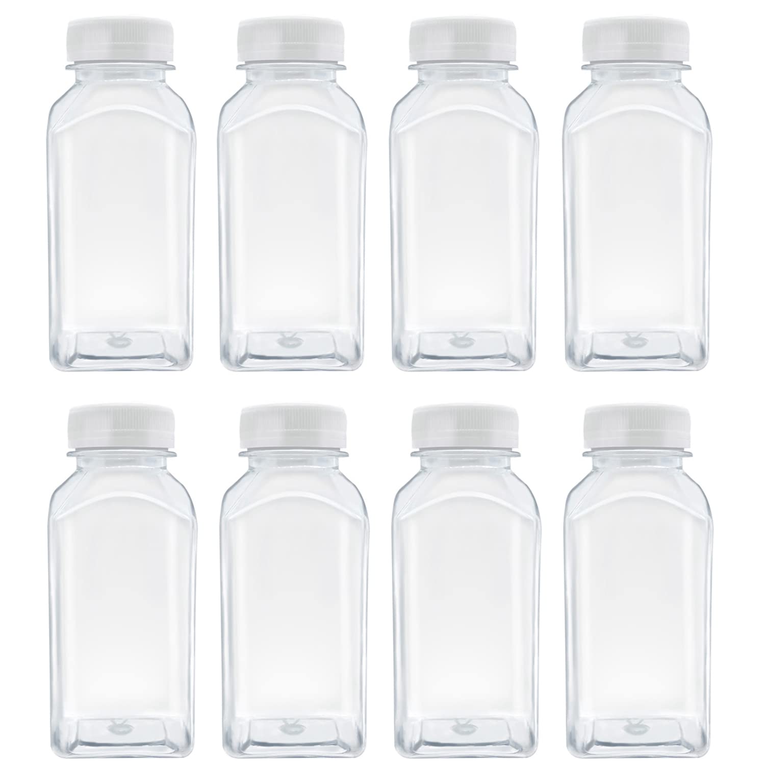 8 Pack 8oz Plastic Juice Bottles with White Lids - Reusable Bulk Beverage Containers for Juice, Milk, Smoothies & Drinks - Perfect for Home, Restaurant, Catering & Meal Prep Storage