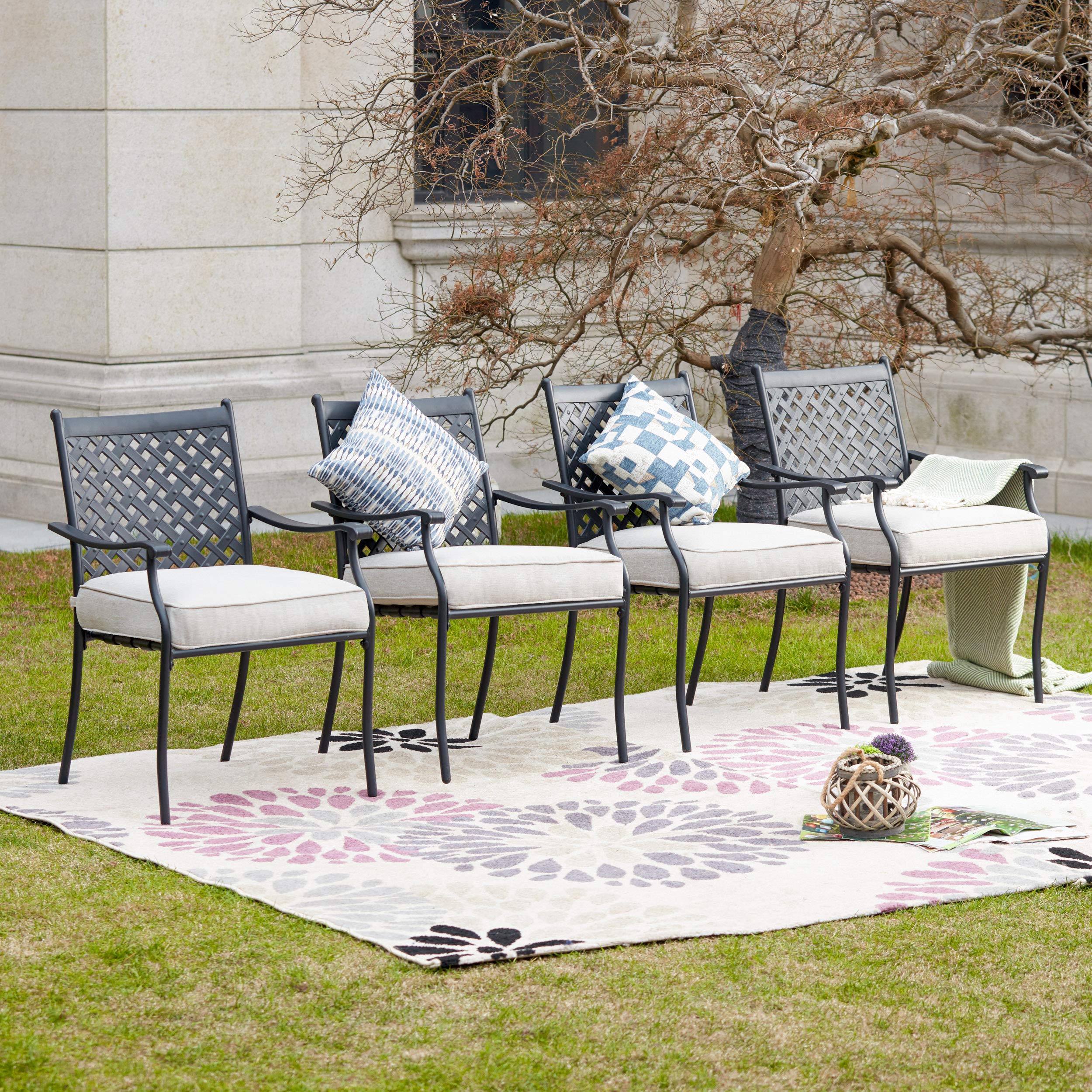 LOKATSE HOME 4-Piece Outdoor Patio Dining Set - Wrought Iron Metal Chairs with Arms & Beige Cushions - Perfect for Garden, Backyard, Poolside & Patio Furniture
