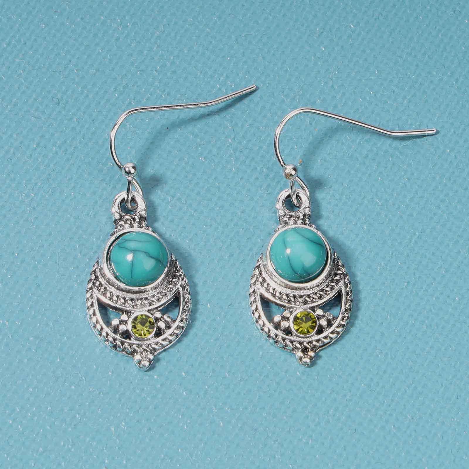 Boho Ethnic Turquoise Drop Earrings for Women - Silver Teardrop Gemstone Hook Dangle Earrings, Retro Handmade Jewelry | Perfect for Festivals, Weddings & Boho Fashion