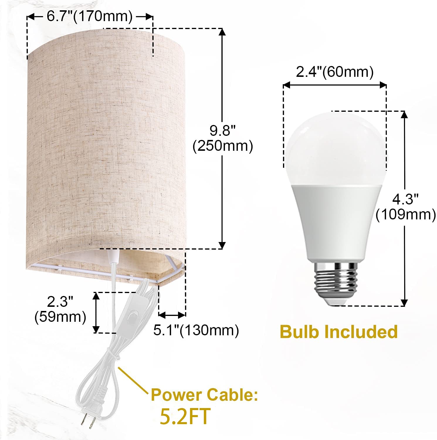 AVV Plug-in Wall Sconces Set of 2 - Dimmable LED Wall Lights for Bedroom & Living Room Decor - Fabric Linen Shades
