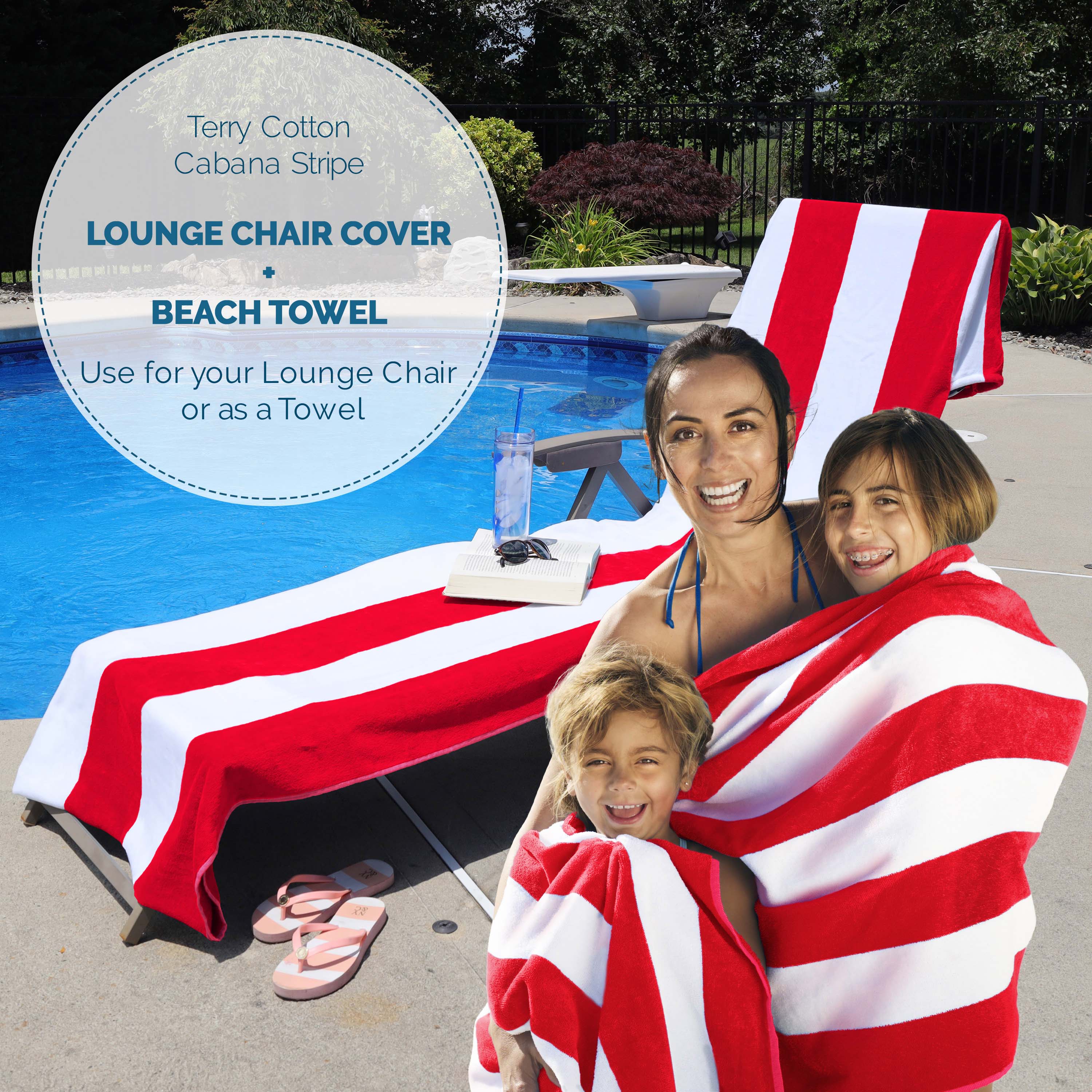 Premium Cabana Striped Cotton Beach Towel & Chaise Lounge Cover Set - Soft, Absorbent Standard Size Pool Towel with Matching Chair Cover for Outdoor, Poolside & Vacation Use