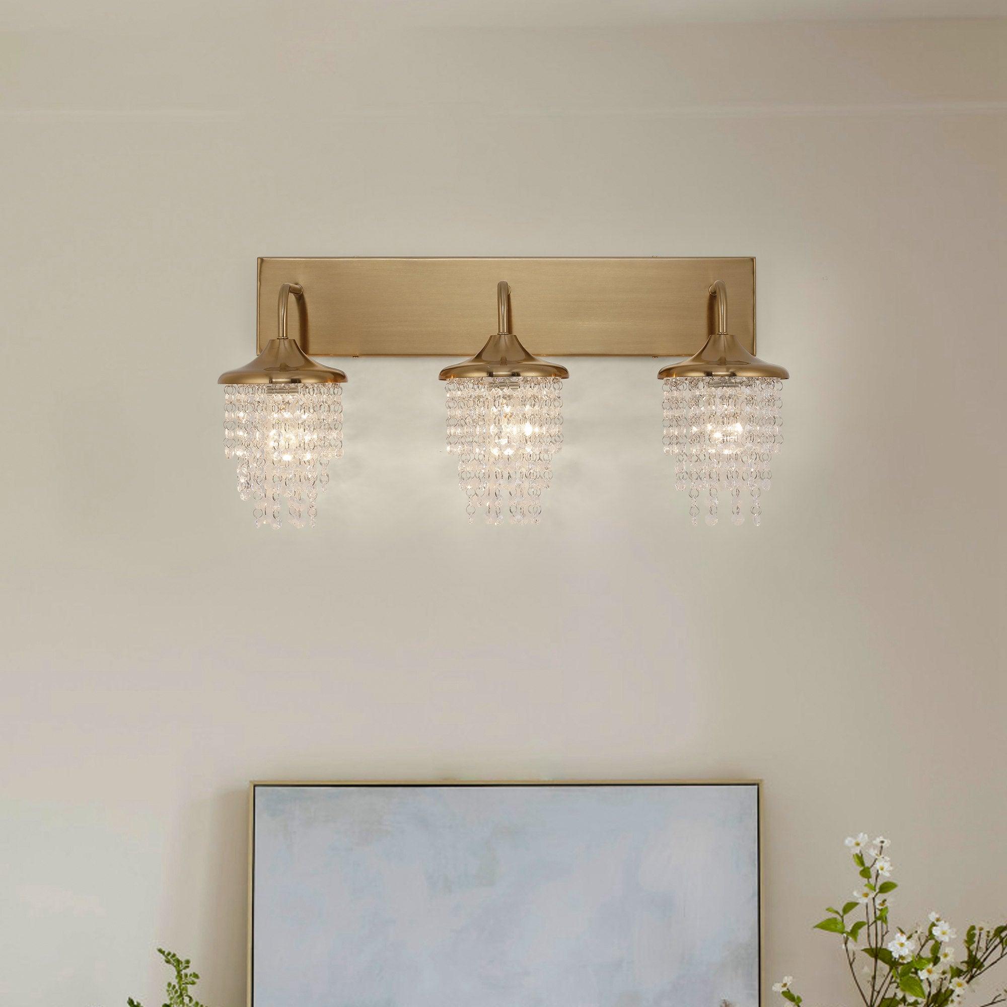 Modern 3-Light Golden Wall Sconce with Crystal Accents - Elegant Lighting Fixture for Living Room, Bedroom, or Hallway Decor