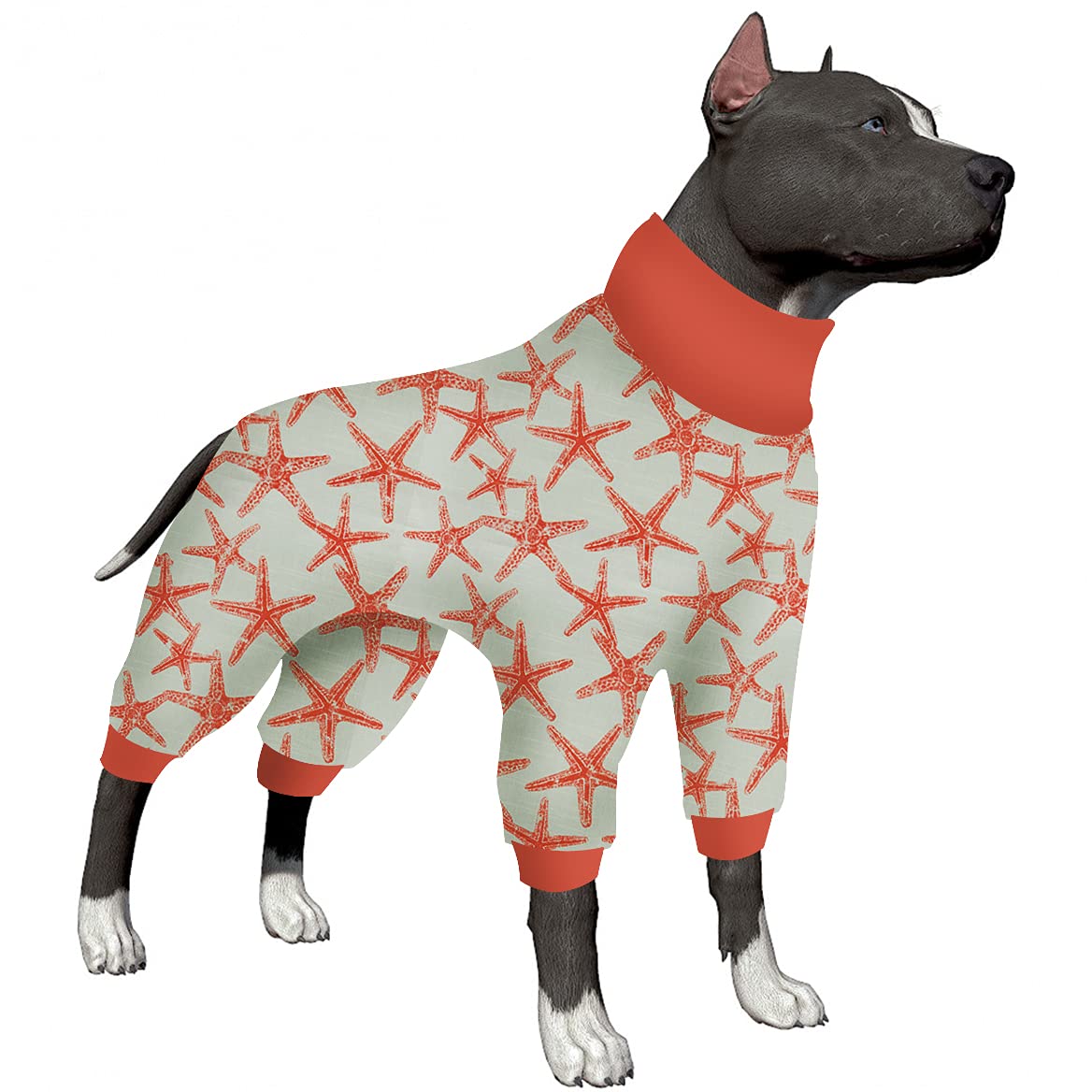 LovinPet Big Dog Pajamas - UV Protection & Anxiety Relief Onesie, Breathable Sea Friends Slub Salmon Print Dog Pjs for Large Dogs | Dog Surgery Recovery Suit, Comfortable Dog Sweater for Post-Op Care & Indoor Relaxation