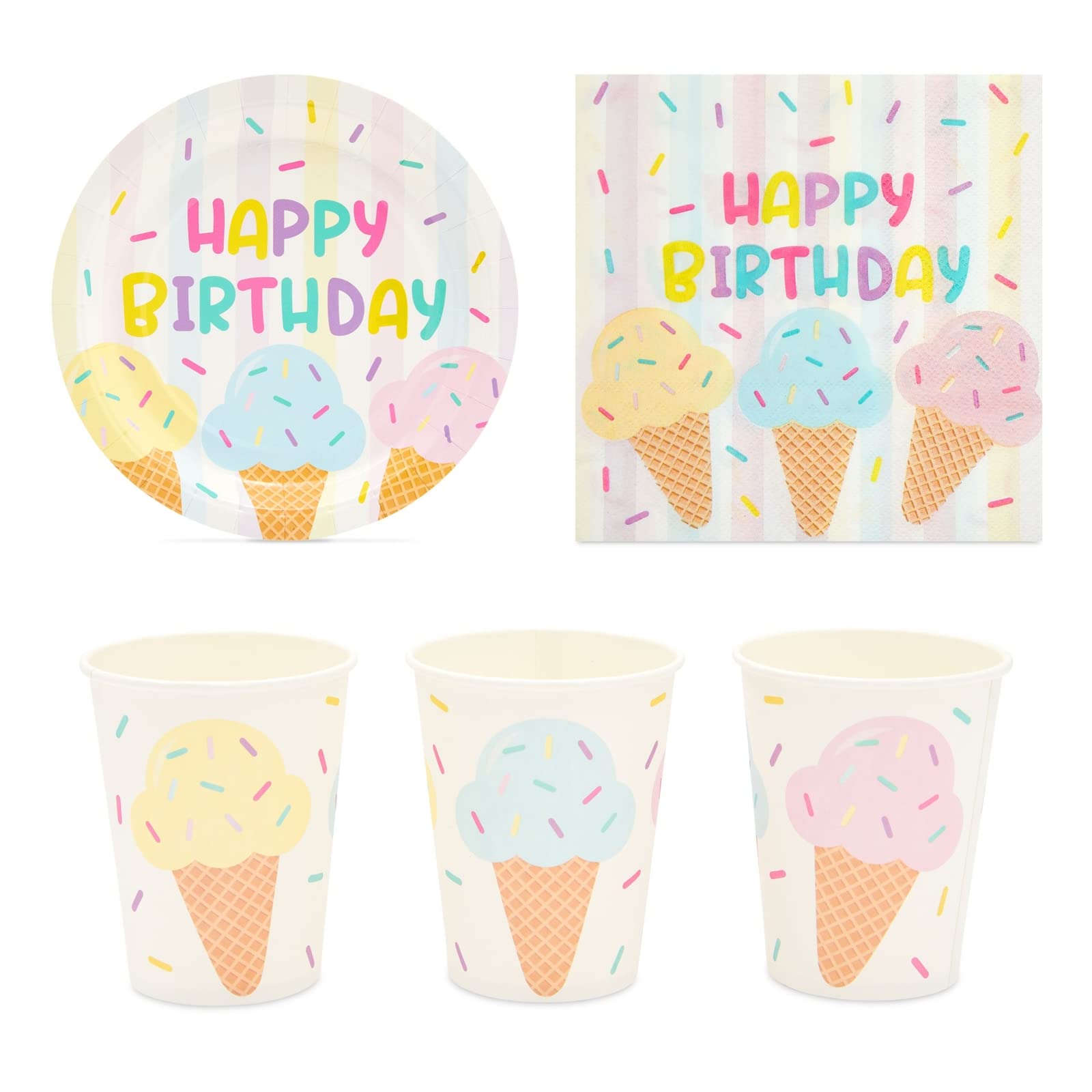 BLUE PANDA 207-Piece Ice Cream Themed Birthday Party Decorations Set - Includes Dinnerware & Party Favor Bags for Kids Birthday, Baby Shower & Summer Celebrations