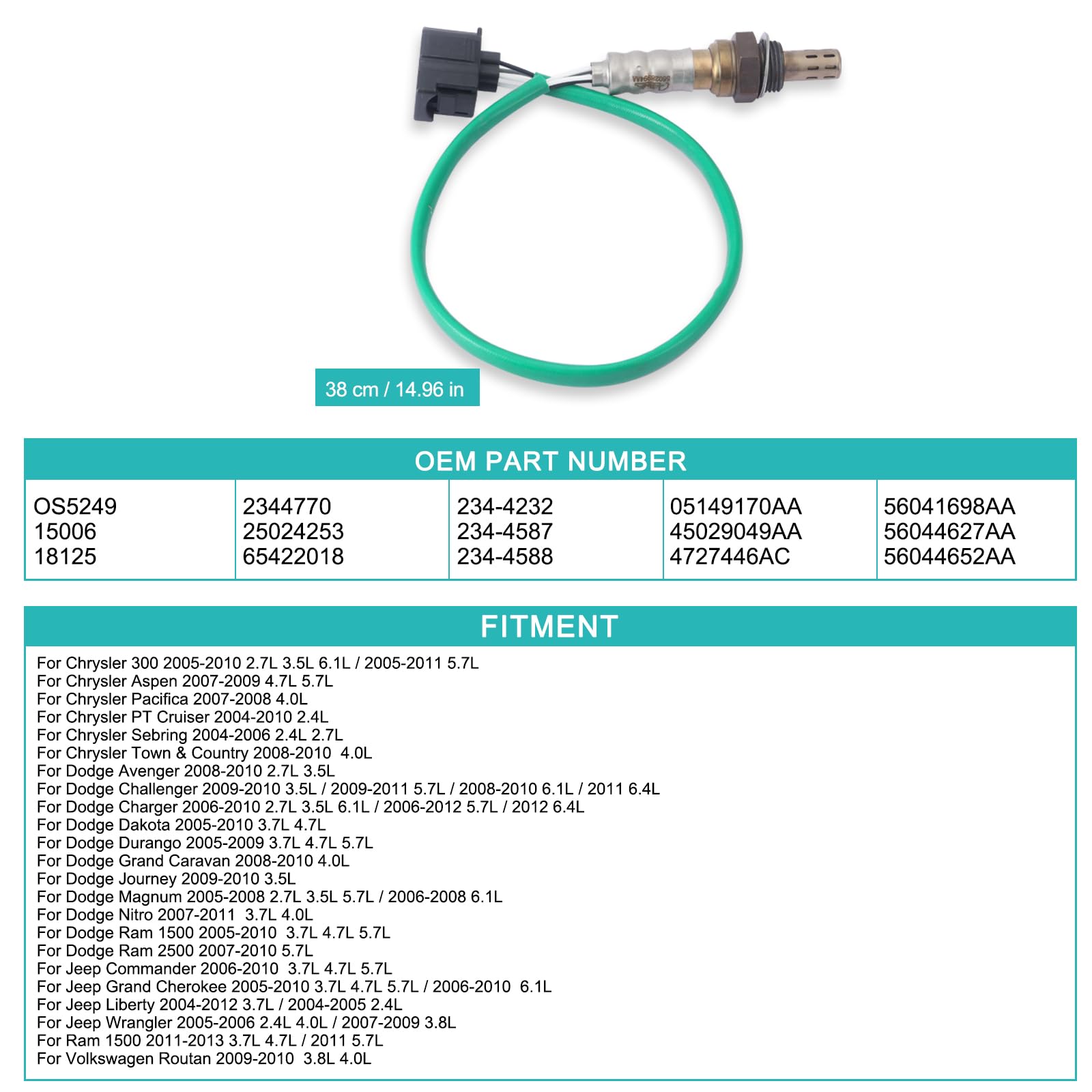 Chrysler 300 Jeep Liberty Wrangler Commander Grand Cherokee Dodge Grand Caravan Charger Magnum Ram Volkswagen Routan Oxygen Sensor Upstream Downstream 4-Piece Set (56028994AA, 56029049AA, 56041698AA, 56044627AA) - Replacement for Improved Engine Performance & Fuel Efficiency