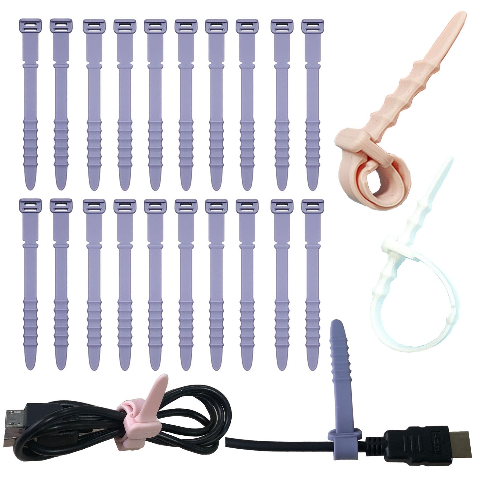 Reusable Silicone Zip Ties - 20 Pack 4.5 Inch Purple Elastic Cable Ties for Cord Management | Durable Wire Organizer for Home, Office, Travel & DIY Projects | Perfect for Electronics, Chargers, Headphones & Garden Tools
