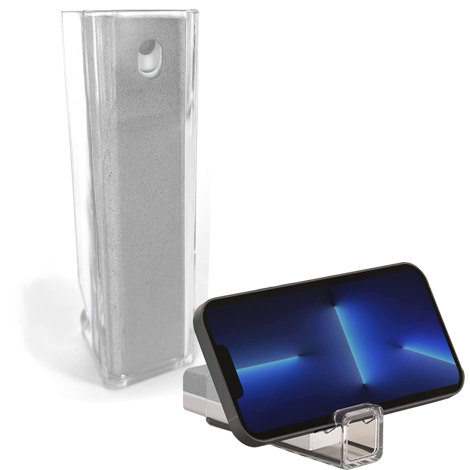 Acuvar 3-in-1 Reusable Anti-Fingerprint Screen Cleaner Spray Kit with Microfiber Cloth & Phone Stand - for iPhone, iPad, Samsung Galaxy, MacBook, Laptop & Car Touchscreen - Perfect for Home, Office & Travel Use (Gray)