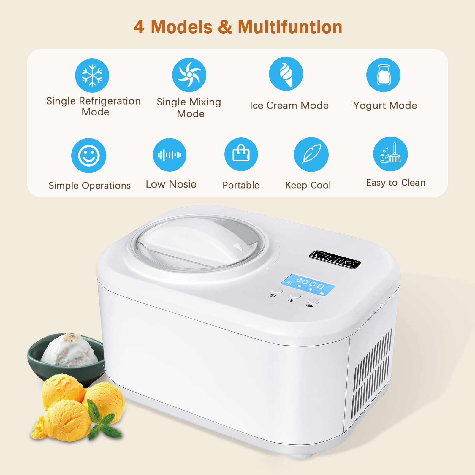 KUMIO 1.2-Quart Automatic Ice Cream Maker with Compressor - No Pre-Freezing Needed, 4 Modes for Frozen Yogurt, Sorbet & Gelato with LCD Display & Timer | Keep Cool Function | Perfect for Home Kitchen, Parties & Dessert Shops