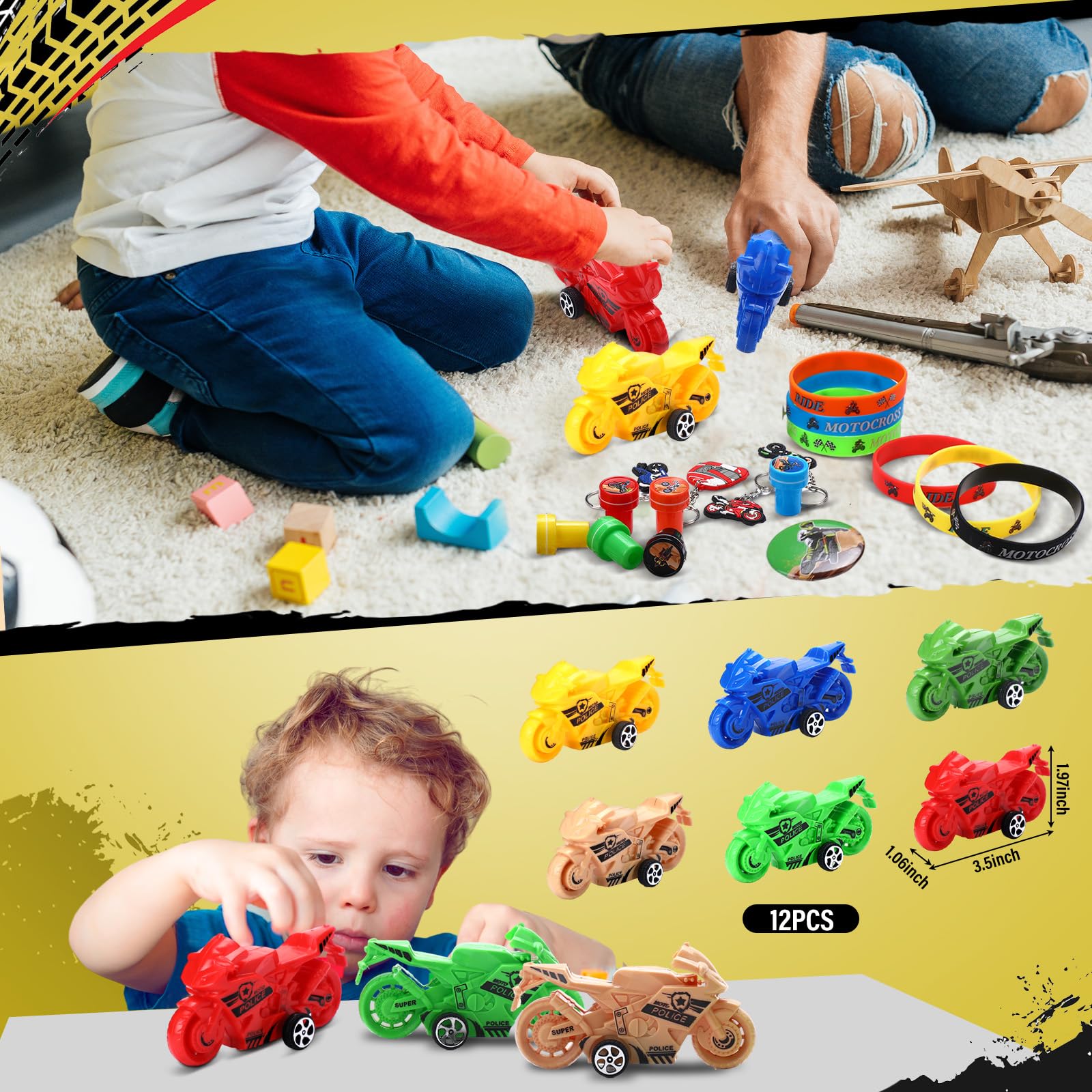 Capoda 122 Pcs Dirt Bike Party Favor Supplies Kit - Motocross Themed Decorations, Rubber Bracelets, Ride Button Badges, Stickers, Stamps, Gift Bags & Keychains for Teens & Motocross Fans - Perfect for Birthday Parties, Motocross Events & Themed Celebrations