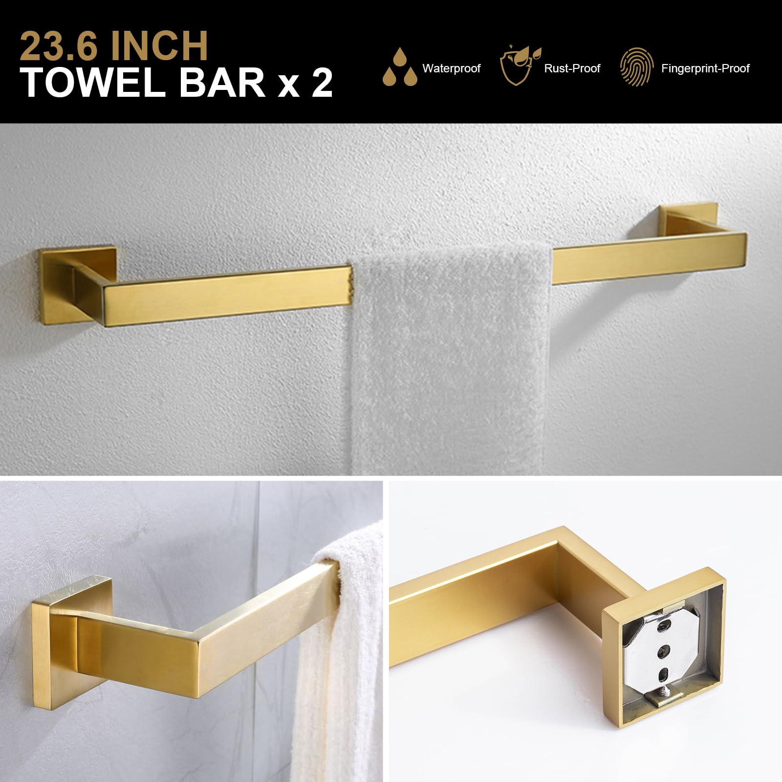 Premium Brushed Gold Towel Bar Set - 5-Piece Bathroom Hardware Kit with Wall Mounted Stainless Steel Towel Rack & Holder (23.6 Inch) - Elegant Bathroom Accessories for Modern Homes & Luxury Hotels