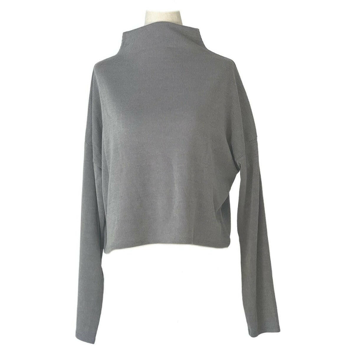 Women's Ribbed Mock Neck Long Sleeve T-Shirt - Soft Stretch Basic Top in Grey for Casual Wear, Layering & Everyday Outfits