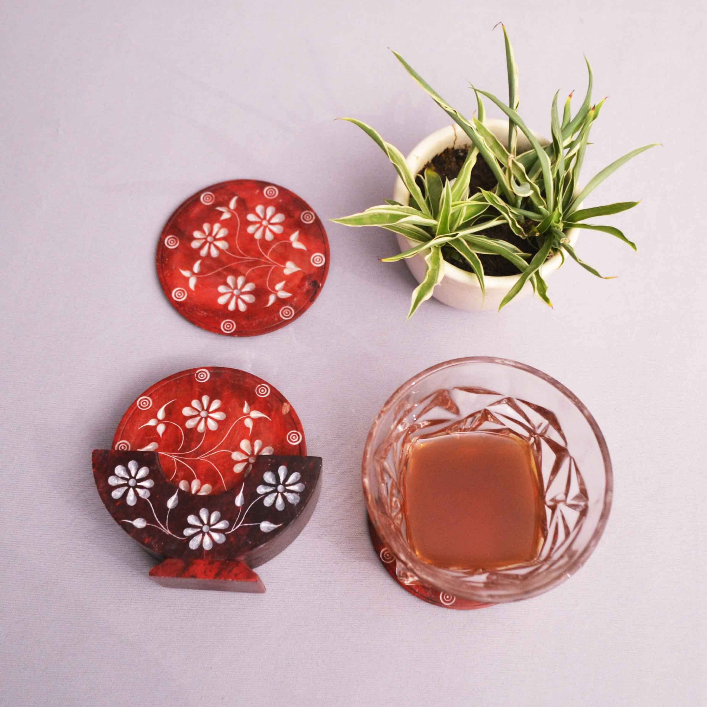 Premium Marble Coasters Set of 6 with Stand - Handcrafted by Indian Artisans | Elegant Tableware for Coffee, Tea & Wine Glasses | Perfect for Home Décor, Office & Gift Giving
