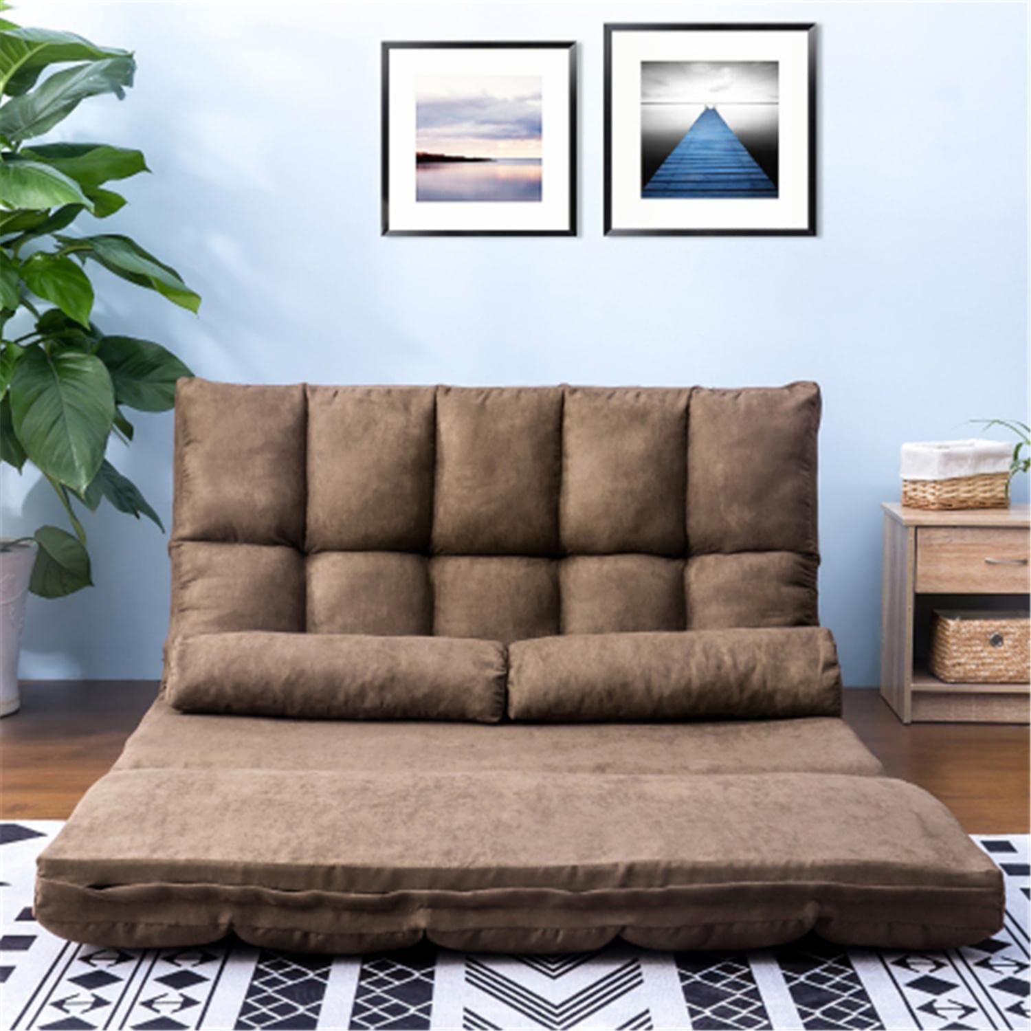 Double Chaise Lounge Sofa Bed - 5-Position Adjustable Recliner with Pillows - Convertible Floor Sleeper & Futon for Living Room, Bedroom, or Home Theater Relaxation