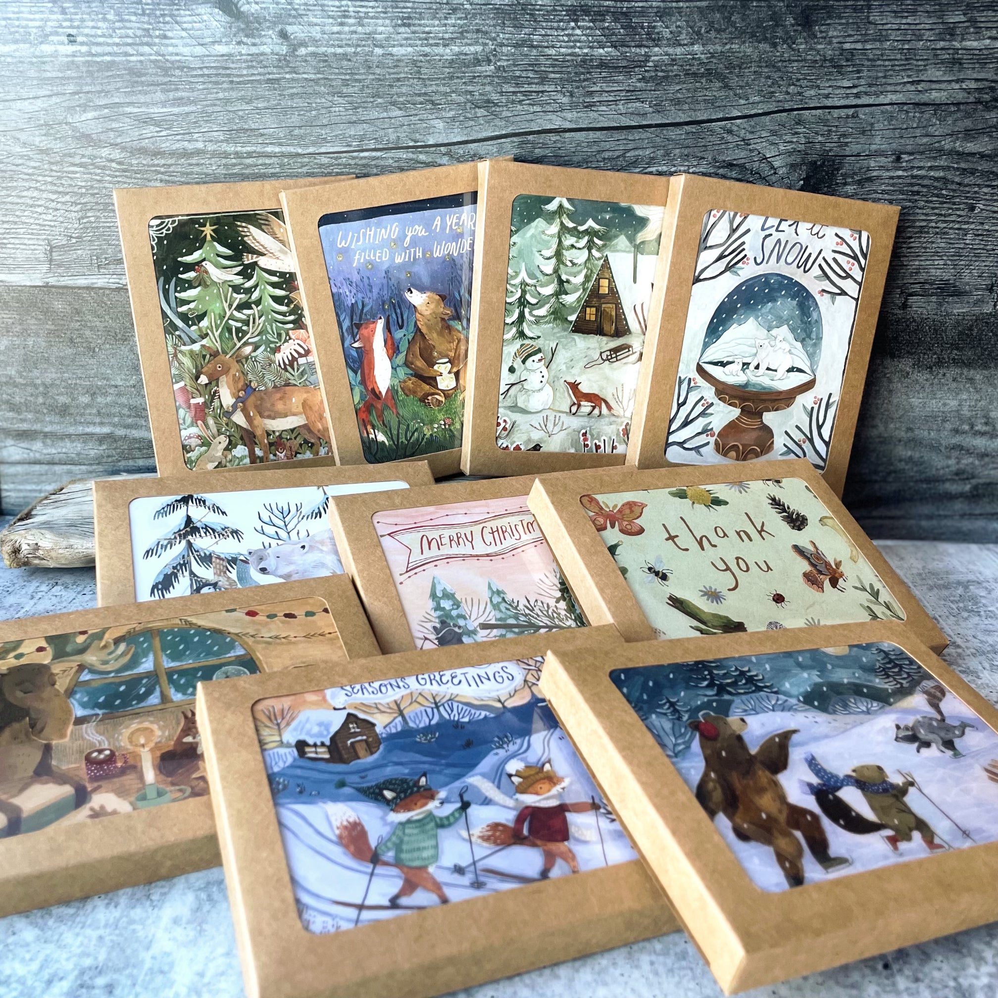 Fox Skiing Christmas Cards - Boxed Holiday Greeting Card Set for Winter & Christmas Celebrations, Parties, and Festive Gifts