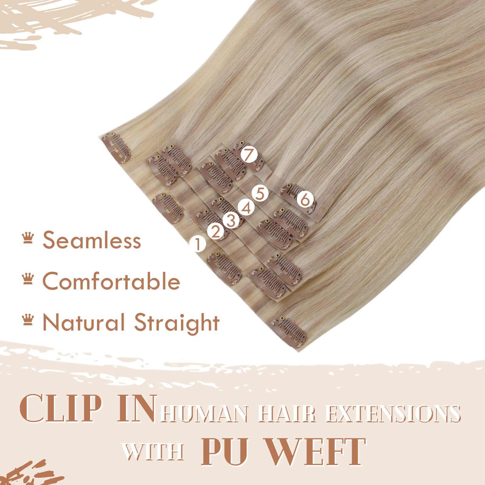 Vivien Clip in Hair Extensions 18 Inch 120g 7pcs - 100% Human Remy Hair, Ash Blonde & Bleach Blonde Highlights, Seamless PU Clips for Natural Look | Perfect for Parties, Weddings & Daily Styling