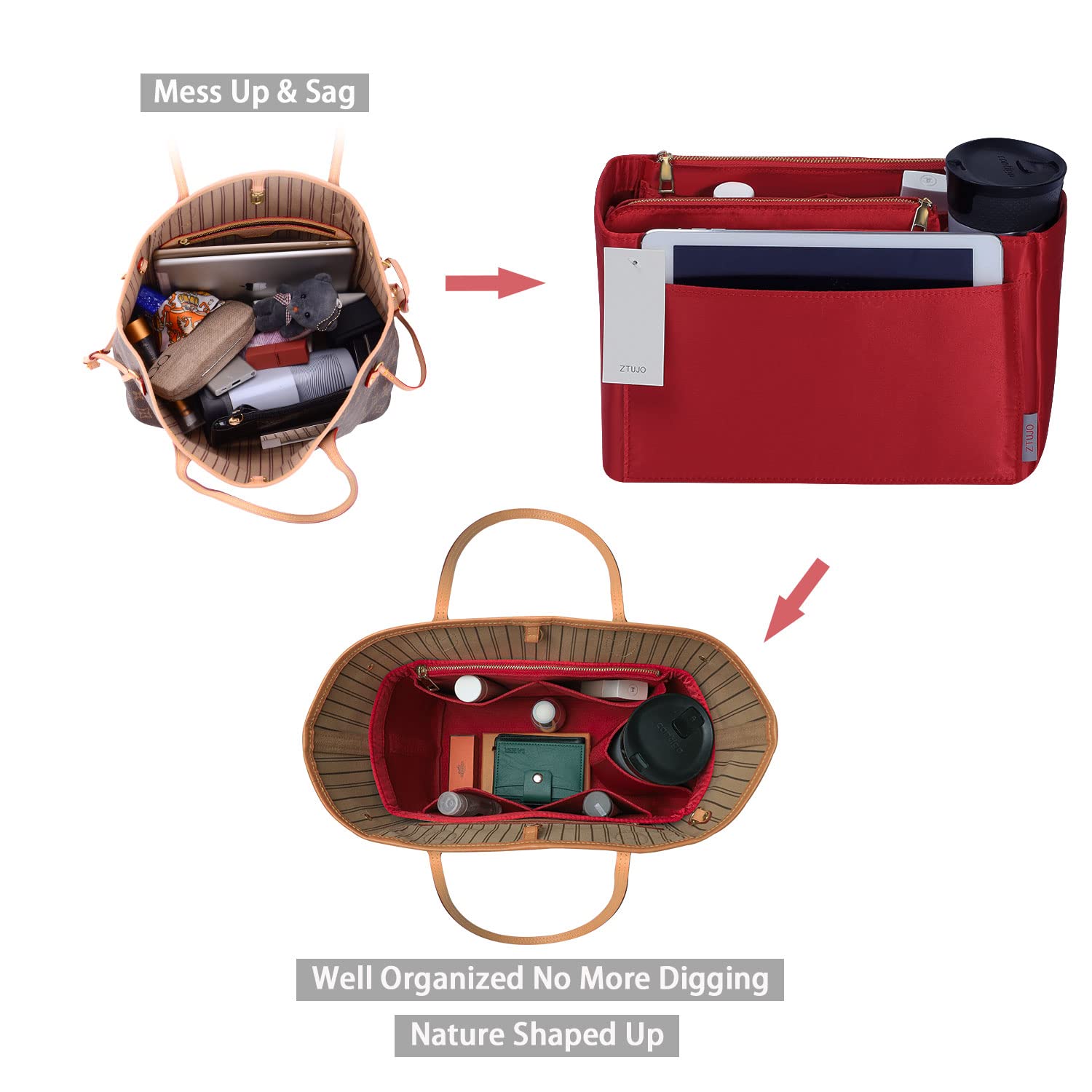 ZTUJO Felt Purse Organizer Insert for Louis Vuitton Speedy, Neverfull, Graceful & Tote Bags - Handbag Shaper & Storage Solution for Travel, Work & Daily Essentials