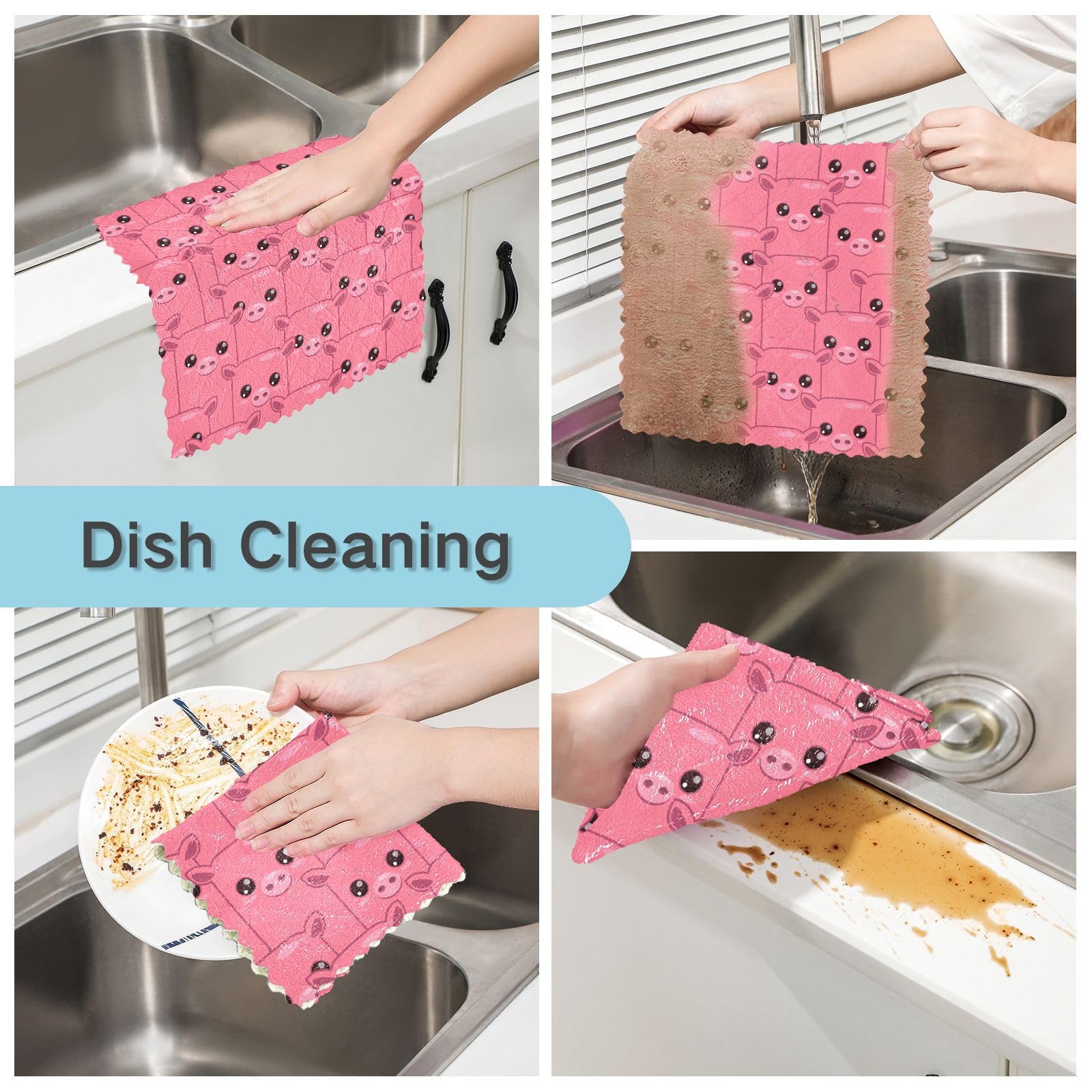 6 Pack Cute Pink Pig Animal Print Kitchen Dish Towels - 11