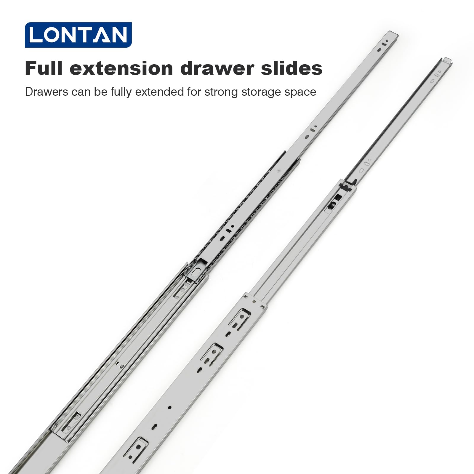 LONTAN 10-Pair 20-Inch Side Mount Drawer Slides - 3-Section Silver Full Extension Ball Bearing Cabinet Glides - Heavy Duty 100 LB Capacity - Perfect for Tool Box, Trash Can, Dresser & Cabinet Organization