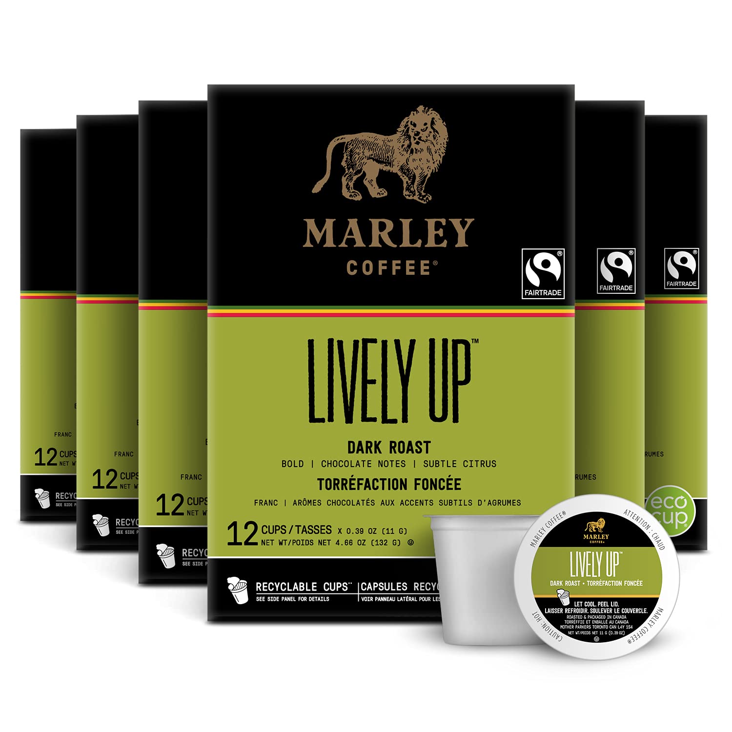 Marley Coffee Lively Up Dark Roast - Fair Trade Certified K-Cup Pods for Keurig Brewers, 72 Count (6 Packs of 12) - Bold & Smooth Coffee for Home, Office or Gifting