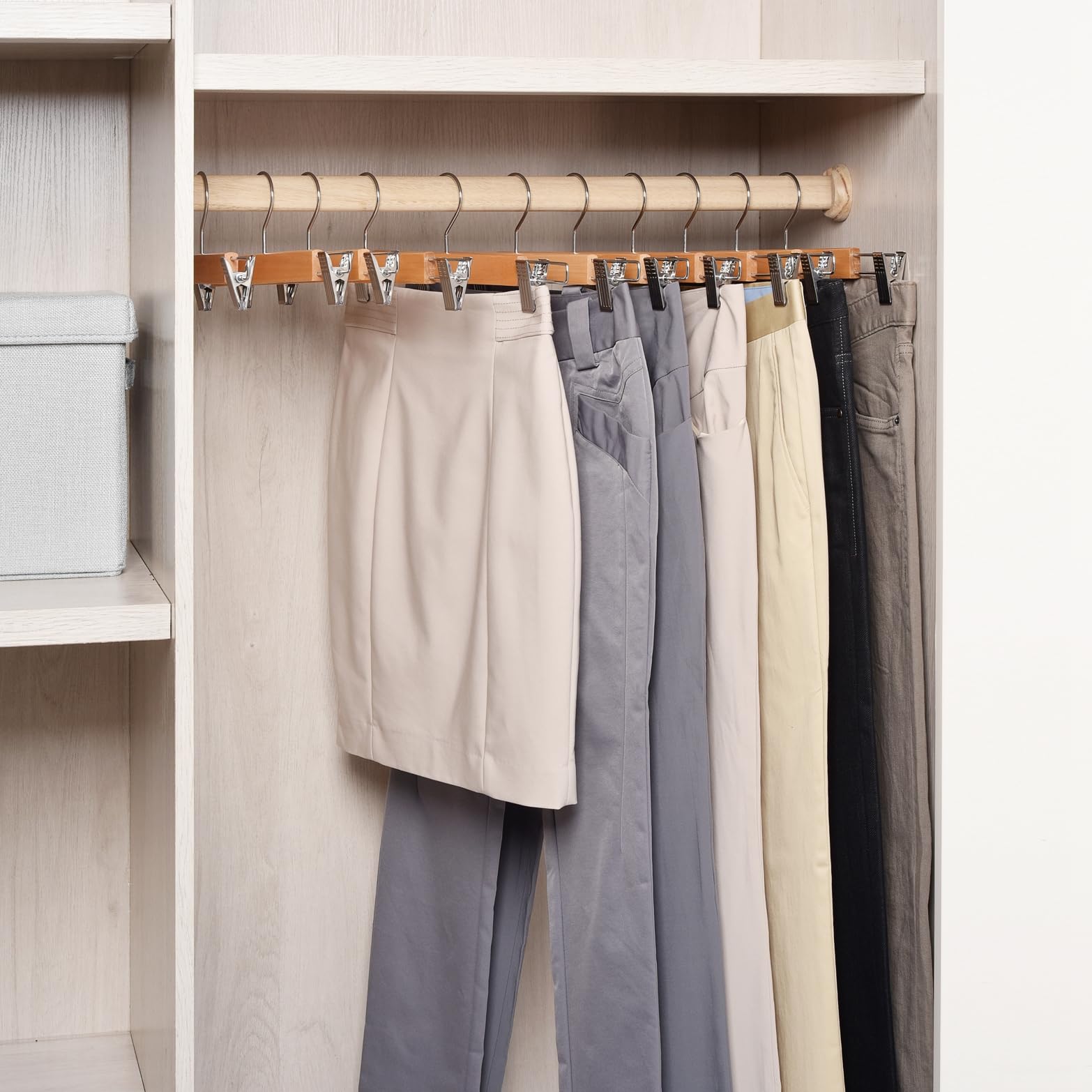 Amber Home 24 Pack Natural Wooden Pant Hangers with Adjustable Clips - 14.17