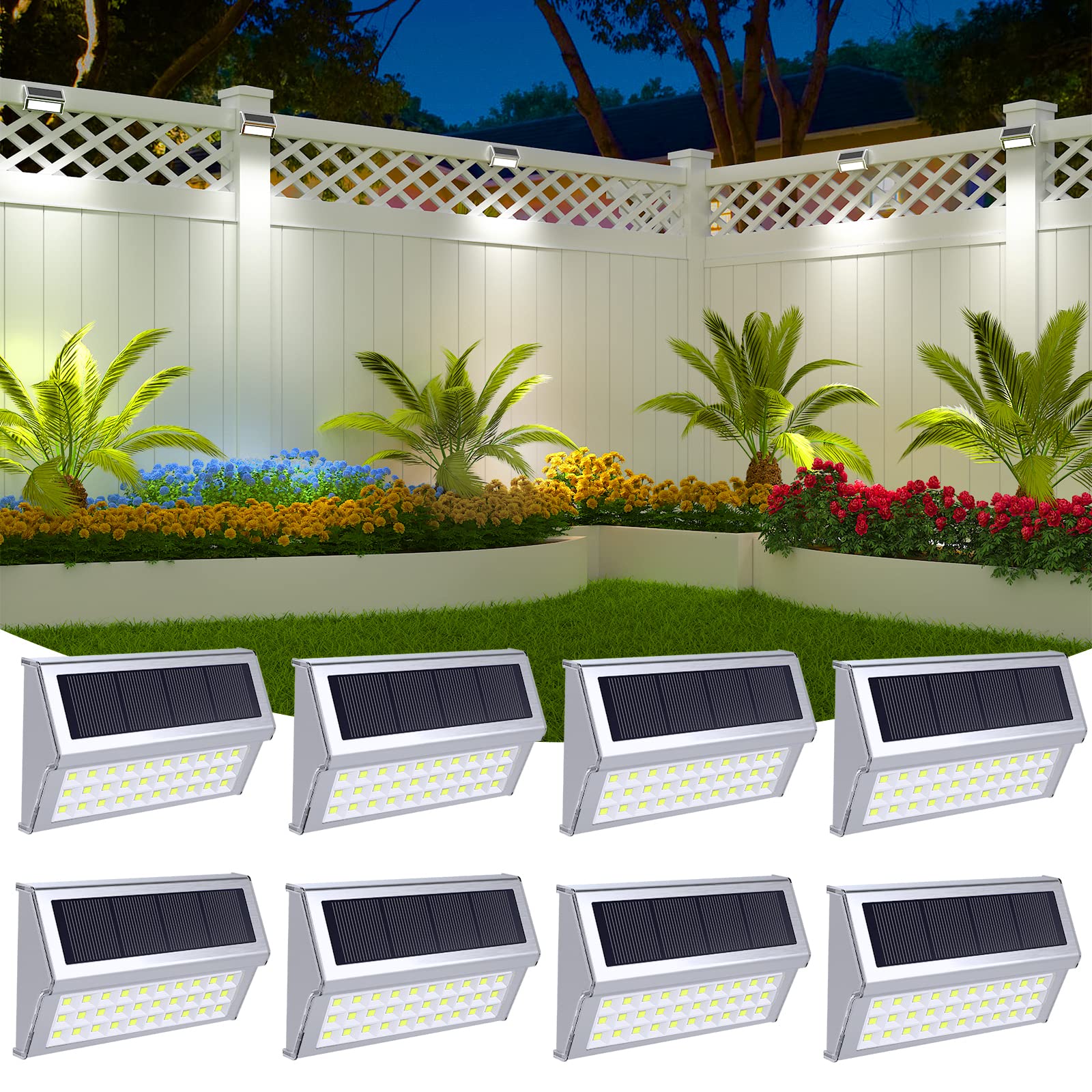 ROSHWEY 8 Pack Solar Fence Lights Outdoor Waterproof - 30 LED Stainless Steel Solar Deck Step Lamps for Stairs, Railings, Patio, Garden - Weatherproof White Lighting for Night Safety & Ambience