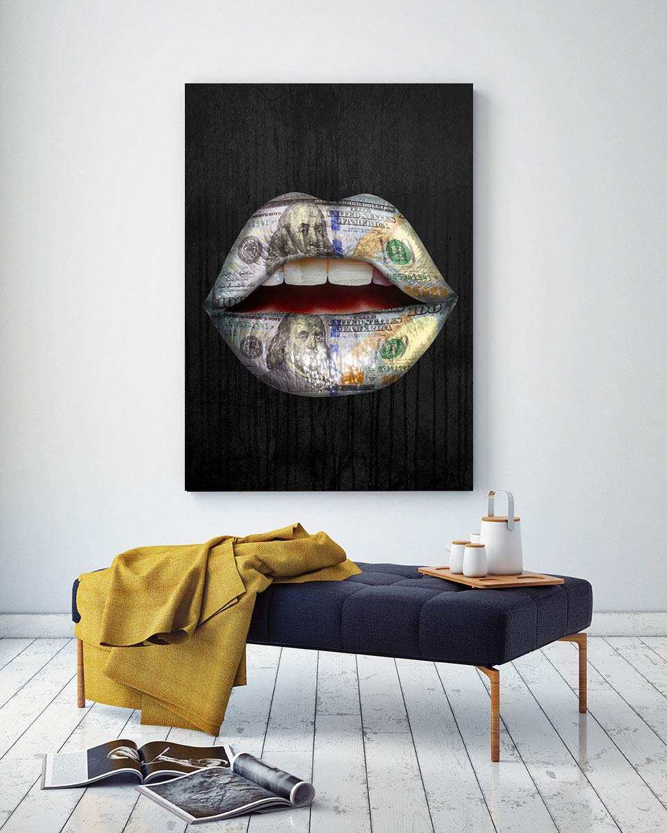 Silver Gold Dollar Bill Lips Black Background Canvas Print - Modern Wall Art Painting for Living Room, Bedroom, Bathroom & Office - Wooden Framed 28x40 Inches - Perfect for Home Decor, Gifts & Interior Design