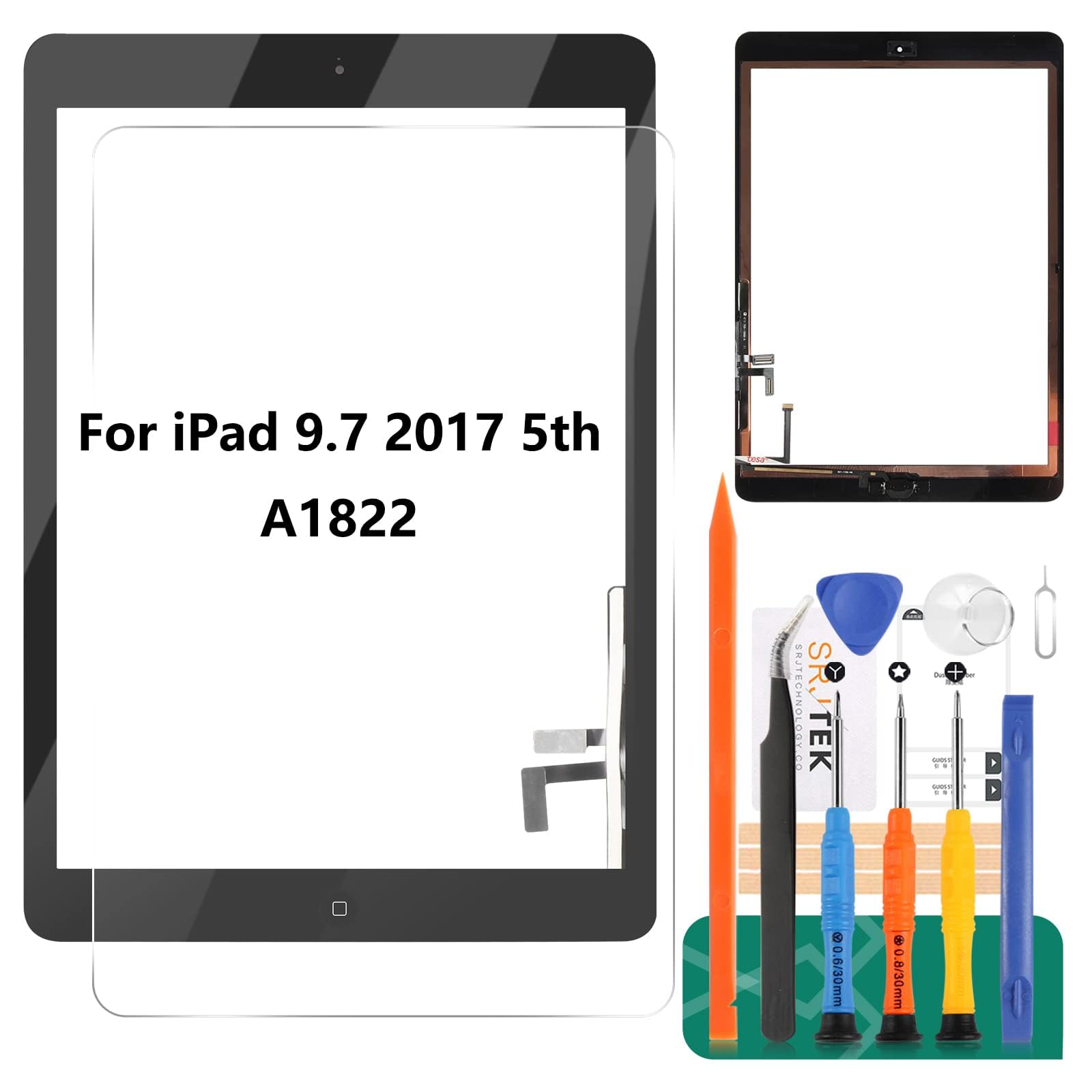 iPad 9.7 5th Gen 2017 Screen Replacement Kit - Digitizer Touch Screen with Home Button for iPad 9.7 A1822 A1823 (Black, No LCD Display) | DIY Repair for Cracked or Unresponsive Screens