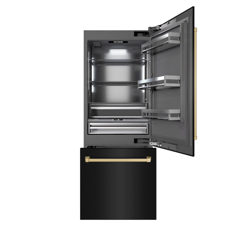 ZLINE Autograph Edition 30 Inch Built-In Bottom Freezer Refrigerator - 16.1 cu ft Capacity, Black Stainless Steel with Graphite Gray Interior & Champagne Bronze Accents - Water Dispenser & Ice Maker - Perfect for Modern Kitchens & Open-Concept Homes (GRBIVZ BS 30 CB)