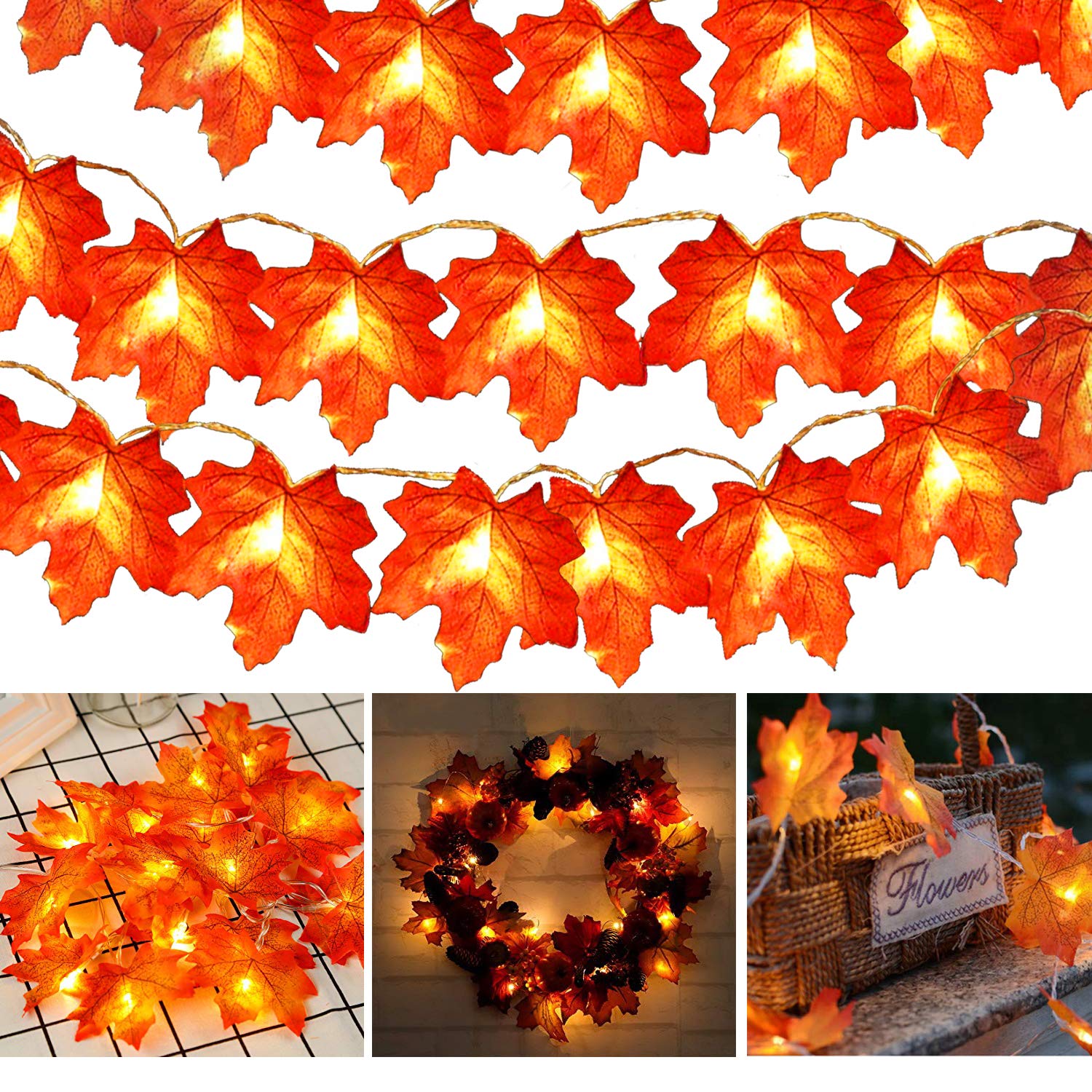 Toodour 20ft 40 LED Fall Maple Leaf String Lights - Battery Operated Thanksgiving Decorations in Warm Orange & Red - Perfect for Autumn Home Decor, Holiday Garland, Indoor Lighting, and Seasonal Party Ambiance