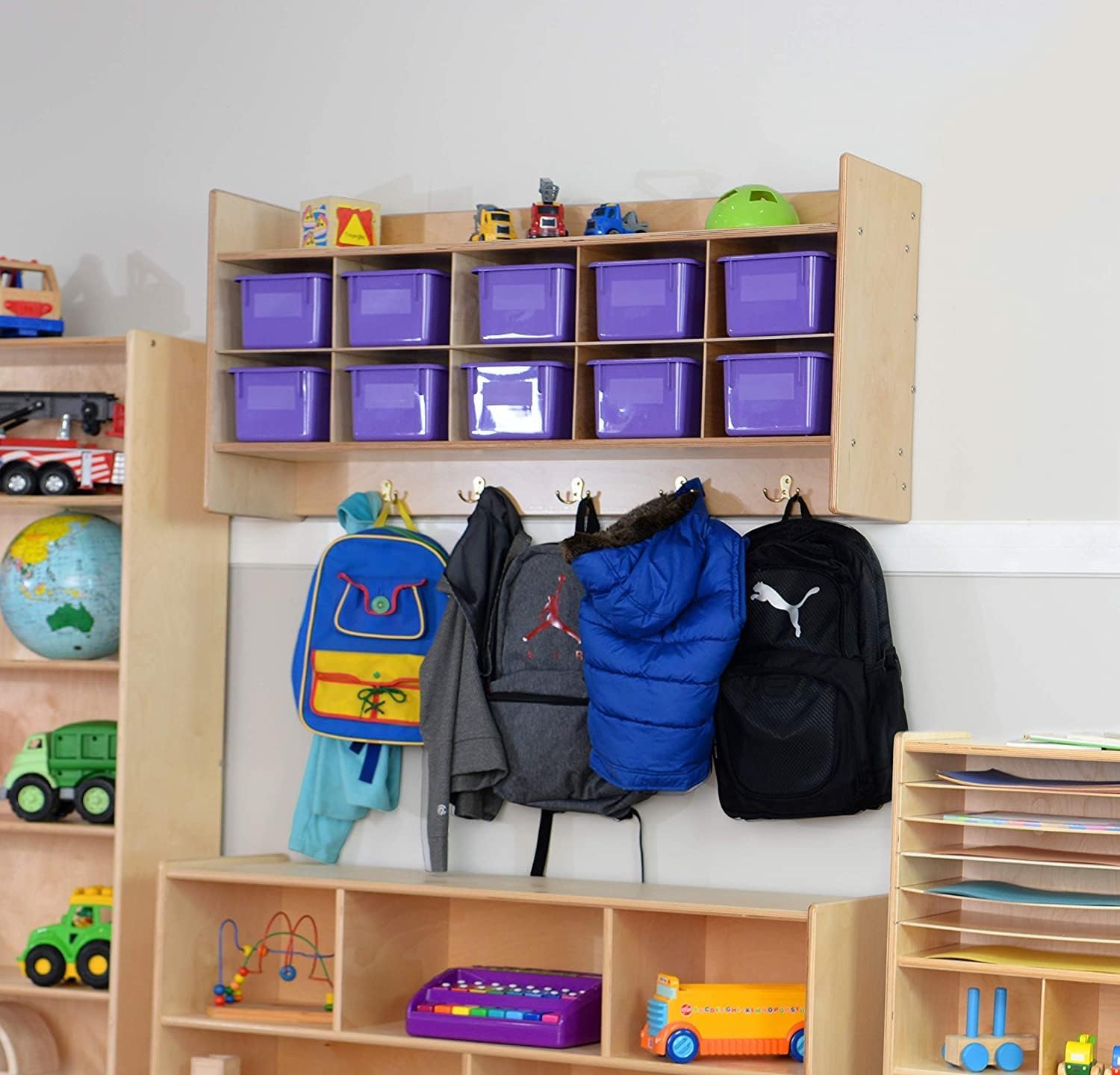 Montessori 10-Section Wall Hanging Cubby Organizer with Purple Storage Bins & Hooks - Sturdy Kids Bookshelf for Homeschool & Classroom - Fully Assembled Space-Saving Storage Solution for Toys, Books & School Supplies