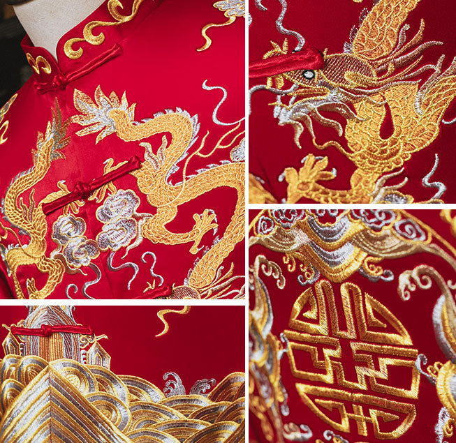 Embroidered Dragon Men's Traditional Chinese Wedding QunKwa Jacket & Skirt Set - Perfect for Asian Ceremonies, Cultural Events, and Photoshoots