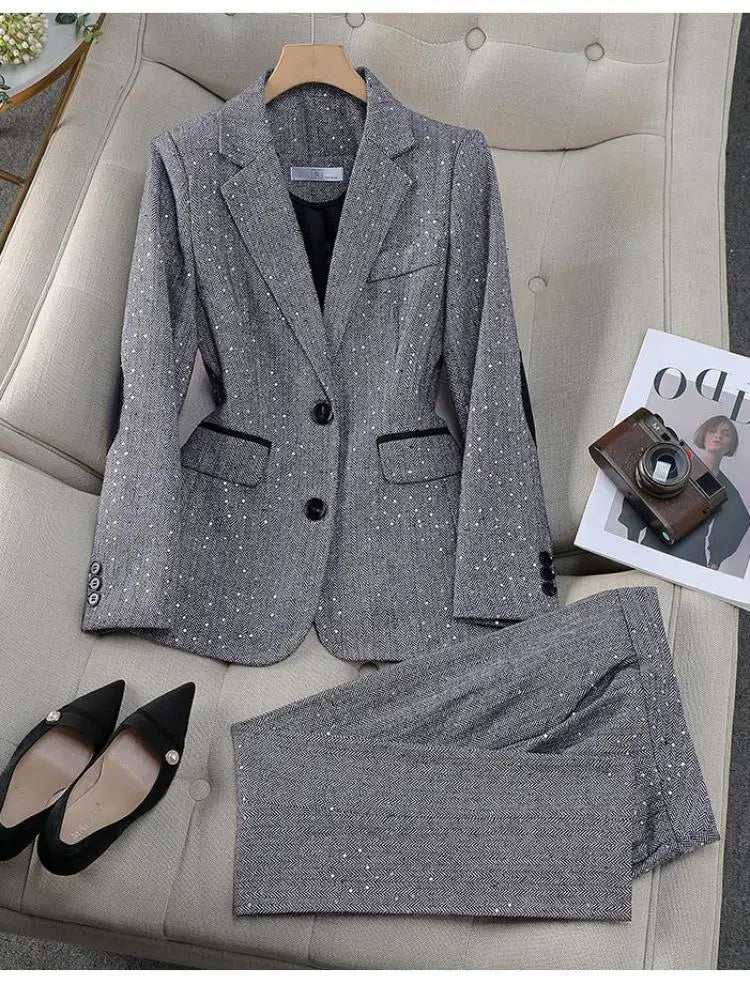 2024 Trendy Gray & Brown Sequin Blazer and Pants Two-Piece Set - Long Sleeve Women's Business Suit for Work, Office, and Formal Events | Perfect for Fall/Winter Professional Wardrobe